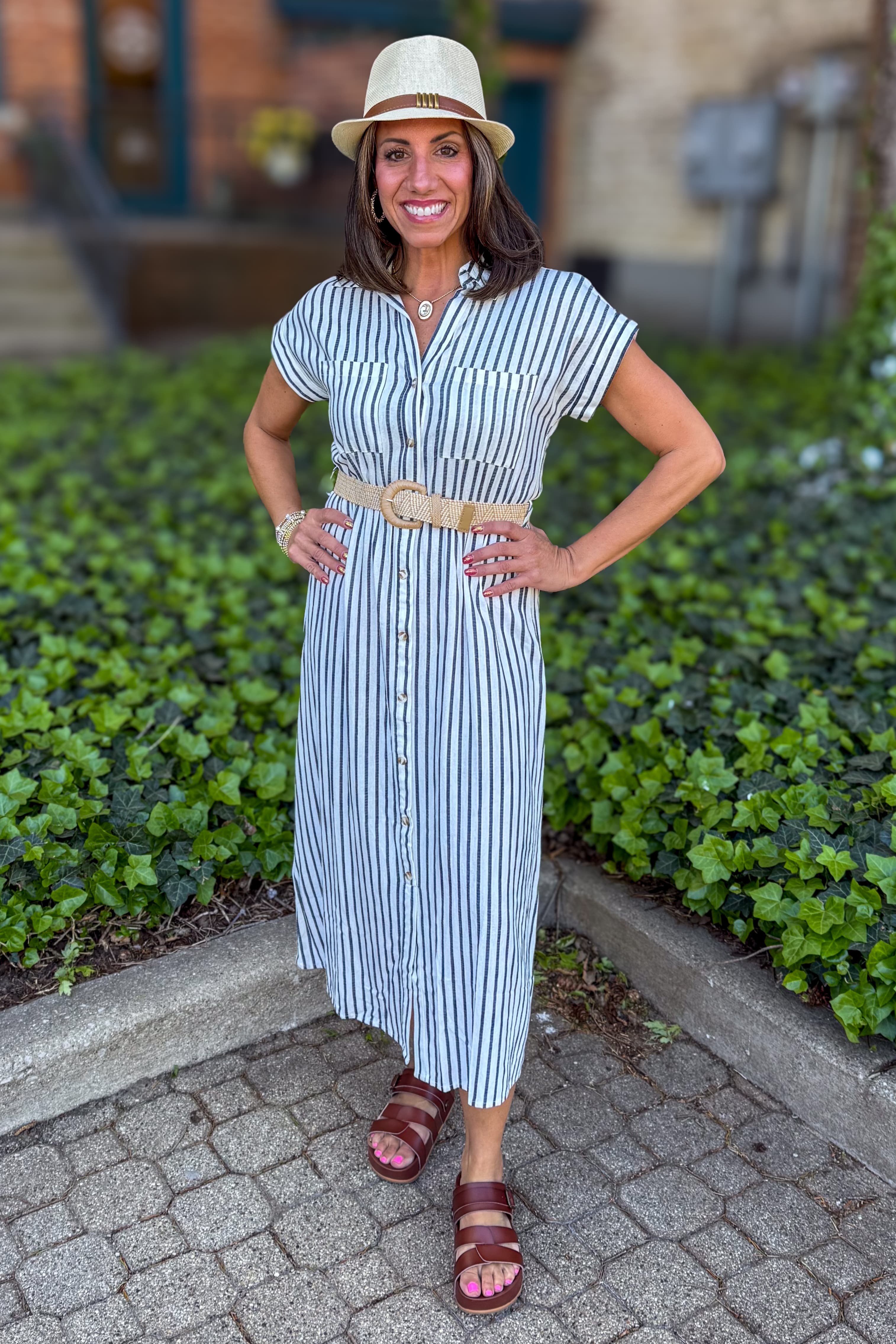 Navy Stripe Collared Belted Shirt Dress