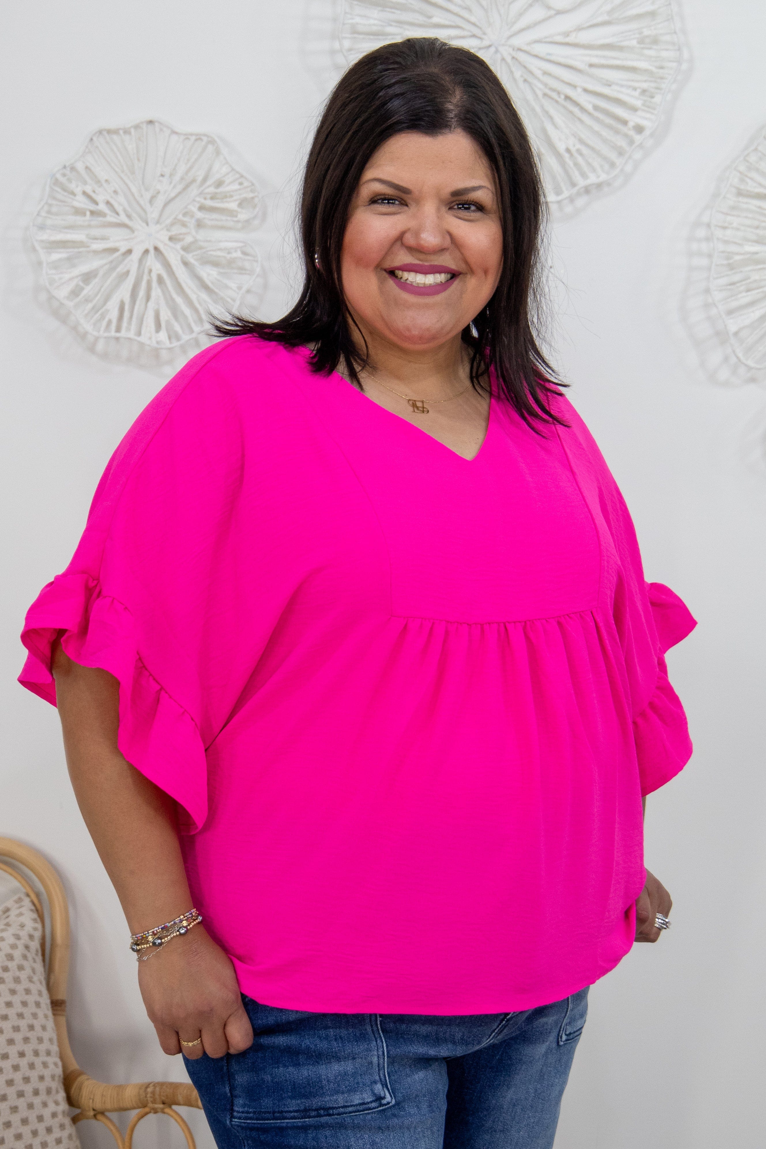 Barbie Pink Empire Ruffle Cap Sleeve Top