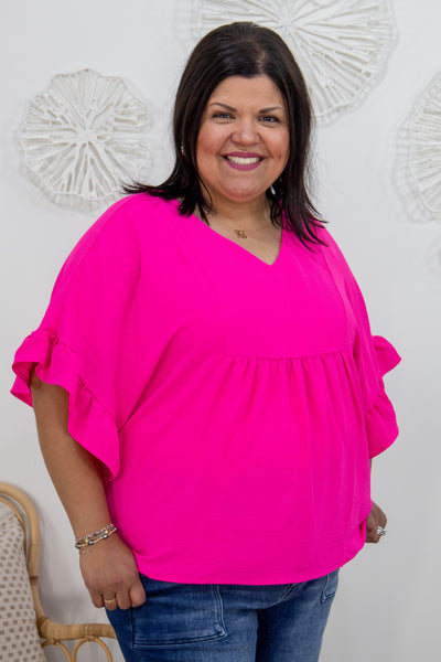 Barbie Pink Empire Ruffle Cap Sleeve Top