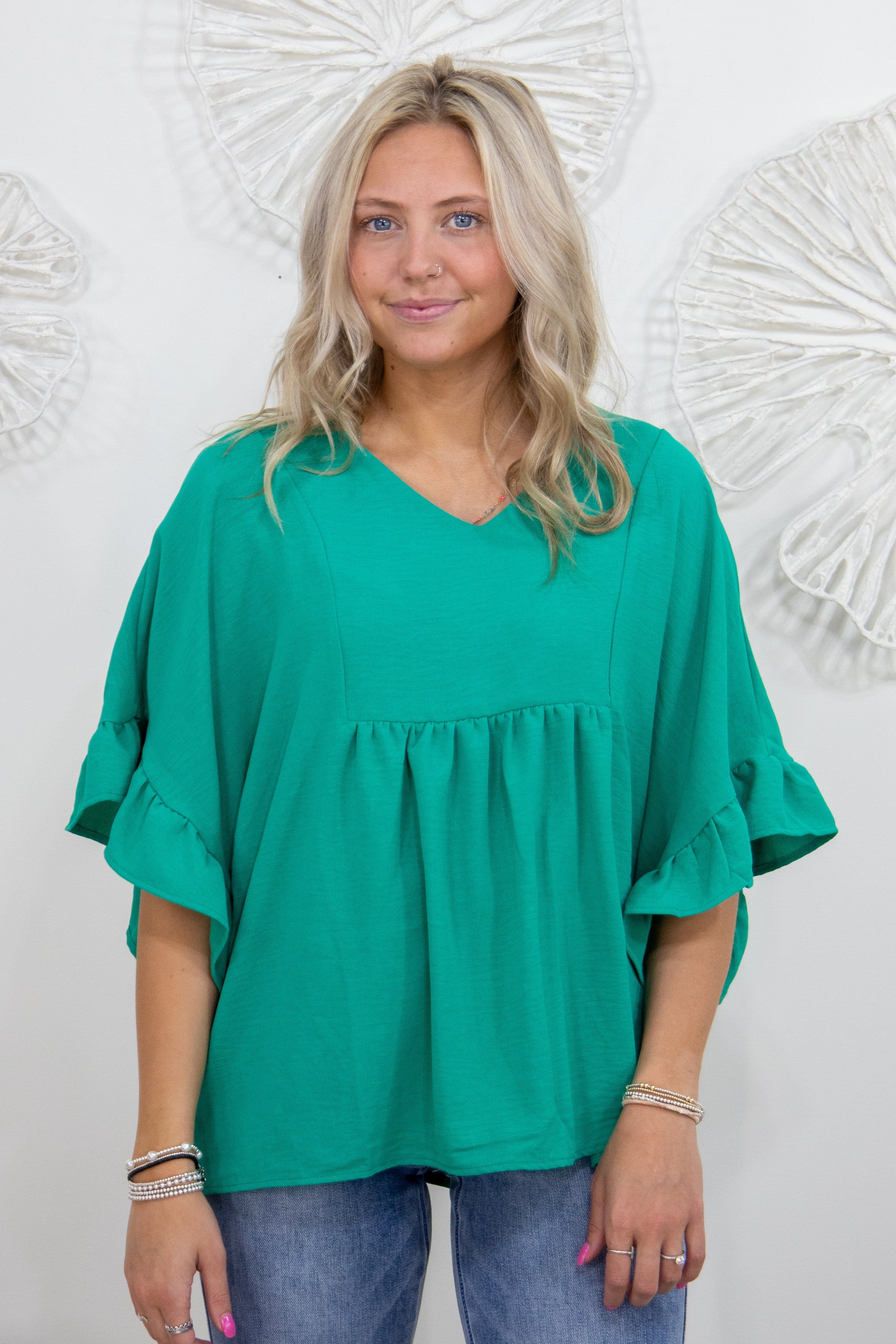 Emerald Empire Ruffle Cap Sleeve Top