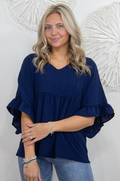 Navy Empire Ruffle Cap Sleeve Top