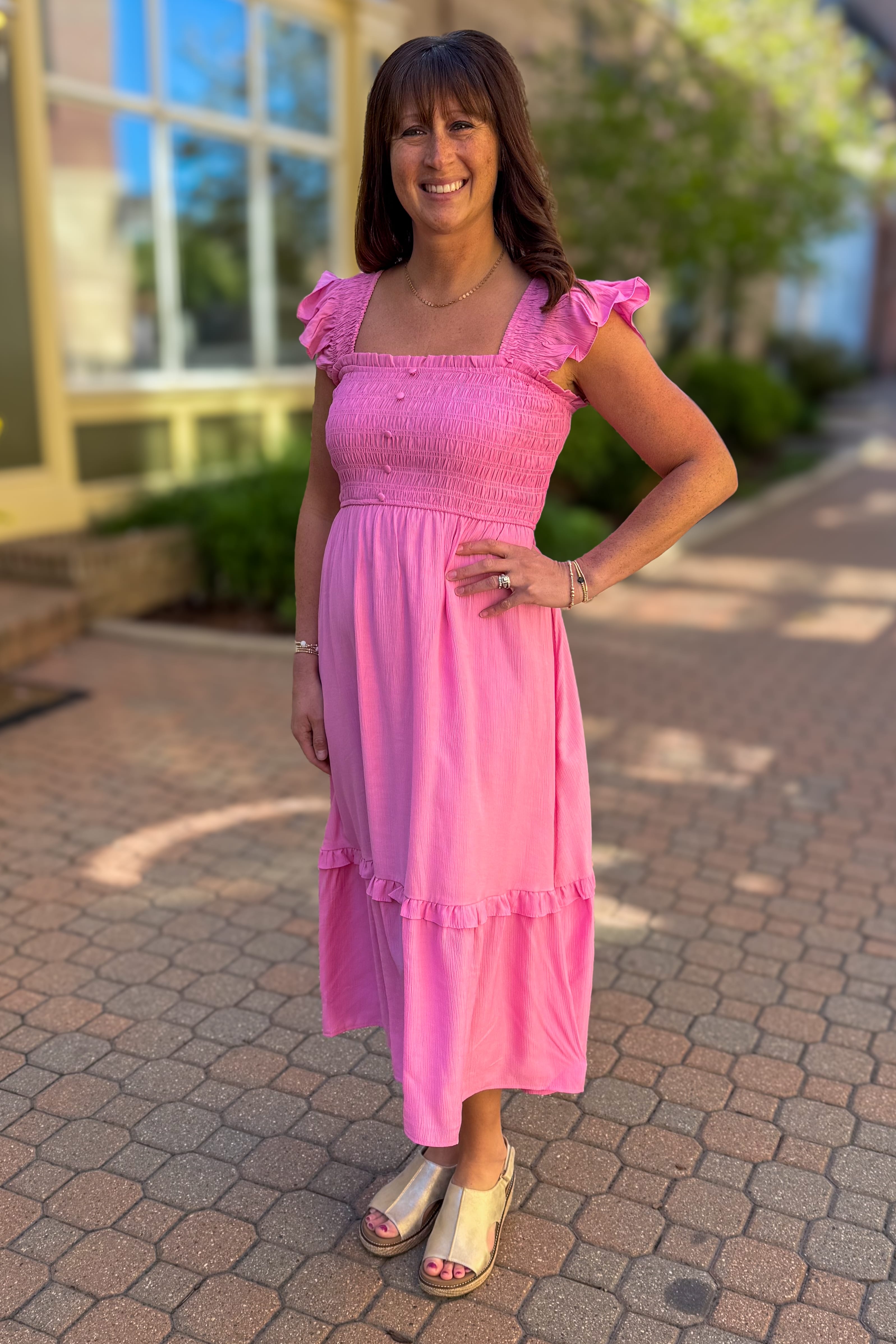 Pink Smocked Ruffle Midi Dress