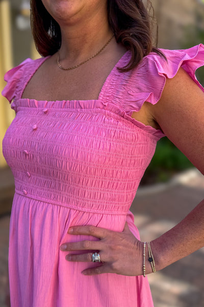Pink Smocked Ruffle Midi Dress Detailed