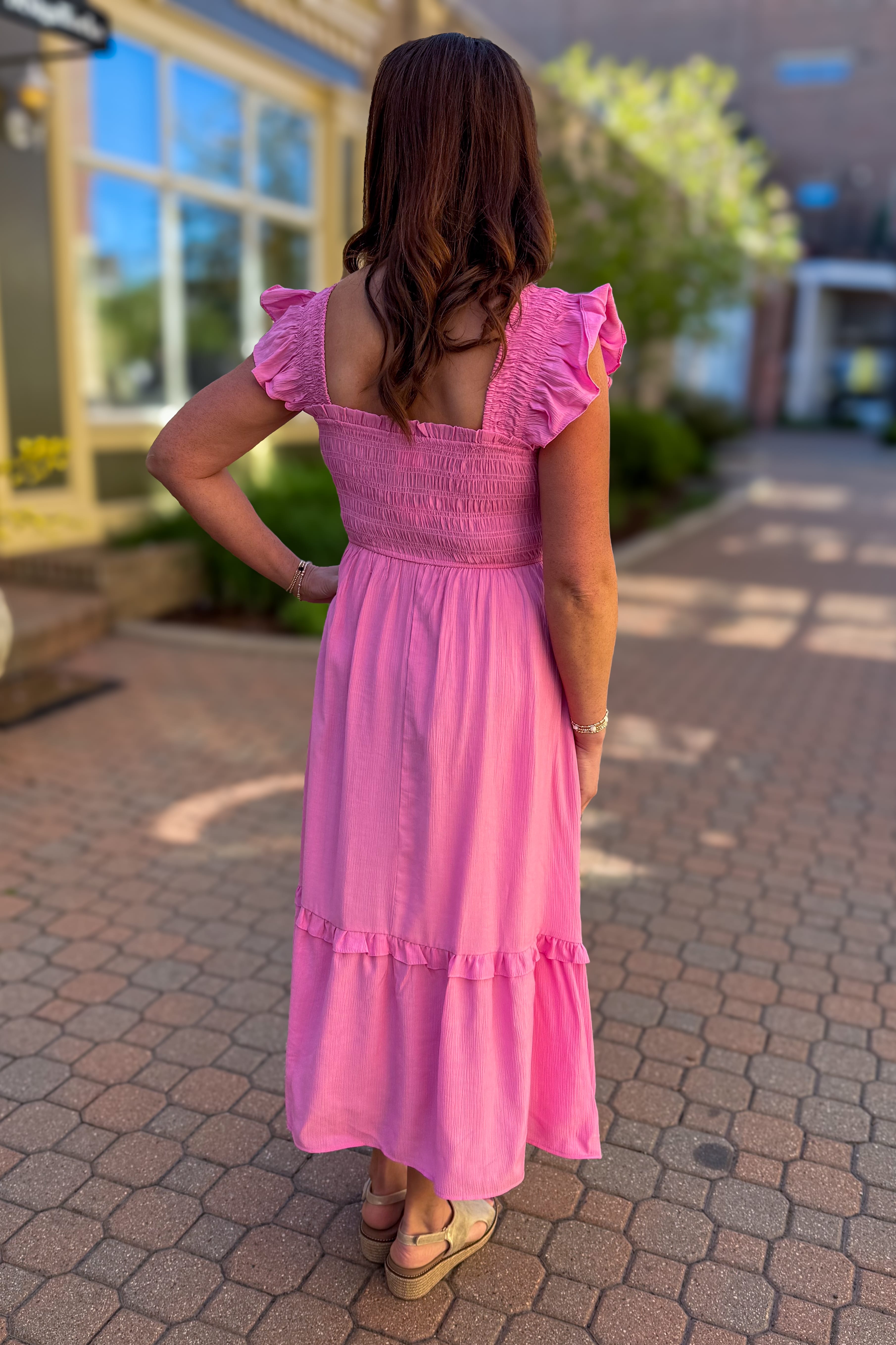 Pink Smocked Ruffle Midi Dress Back