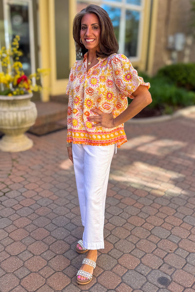 Apricot Multi Abstract Floral Puff Sleeve Blouse Styled