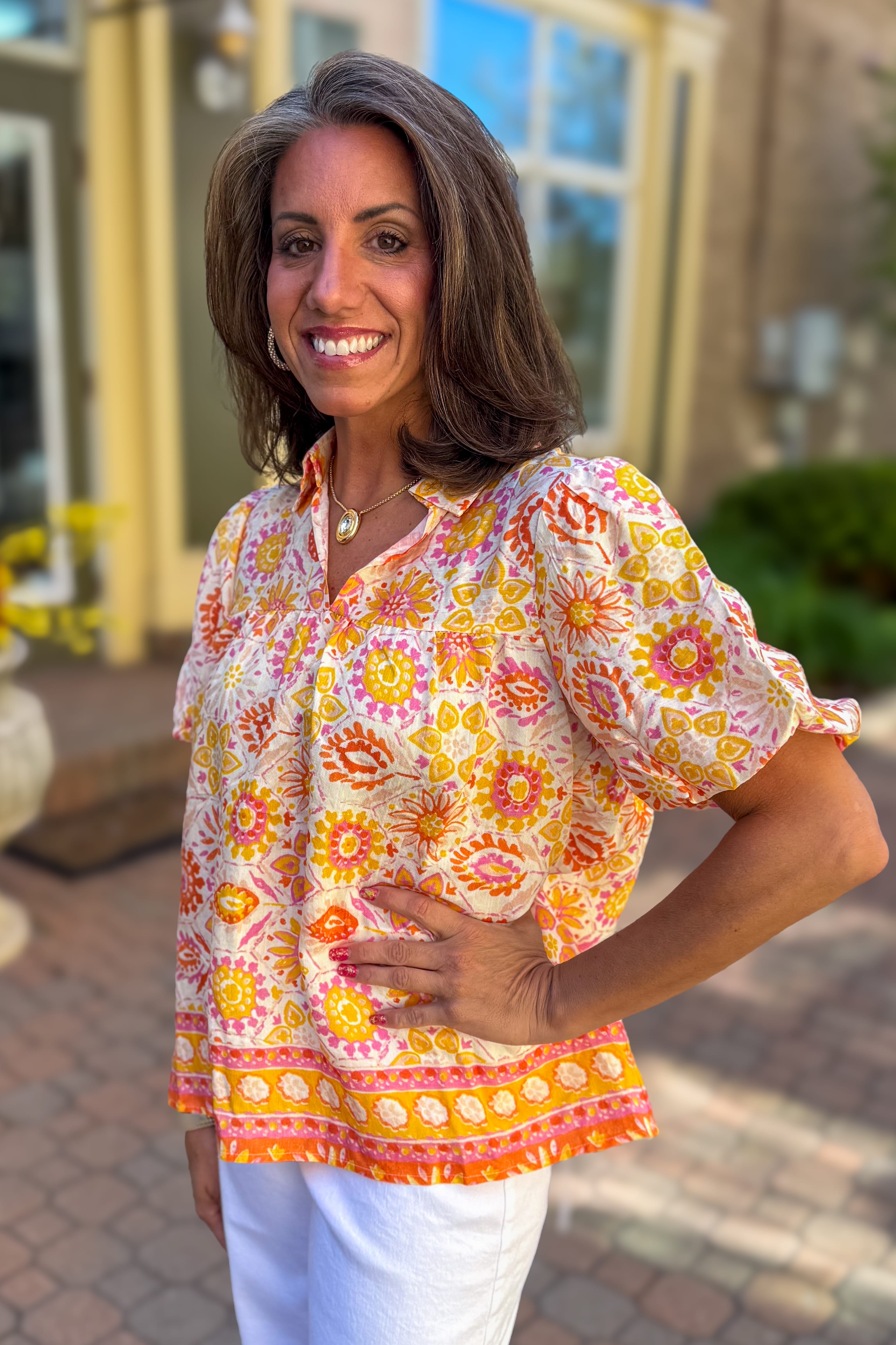 Apricot Multi Abstract Floral Puff Sleeve Blouse – Jean Marie's