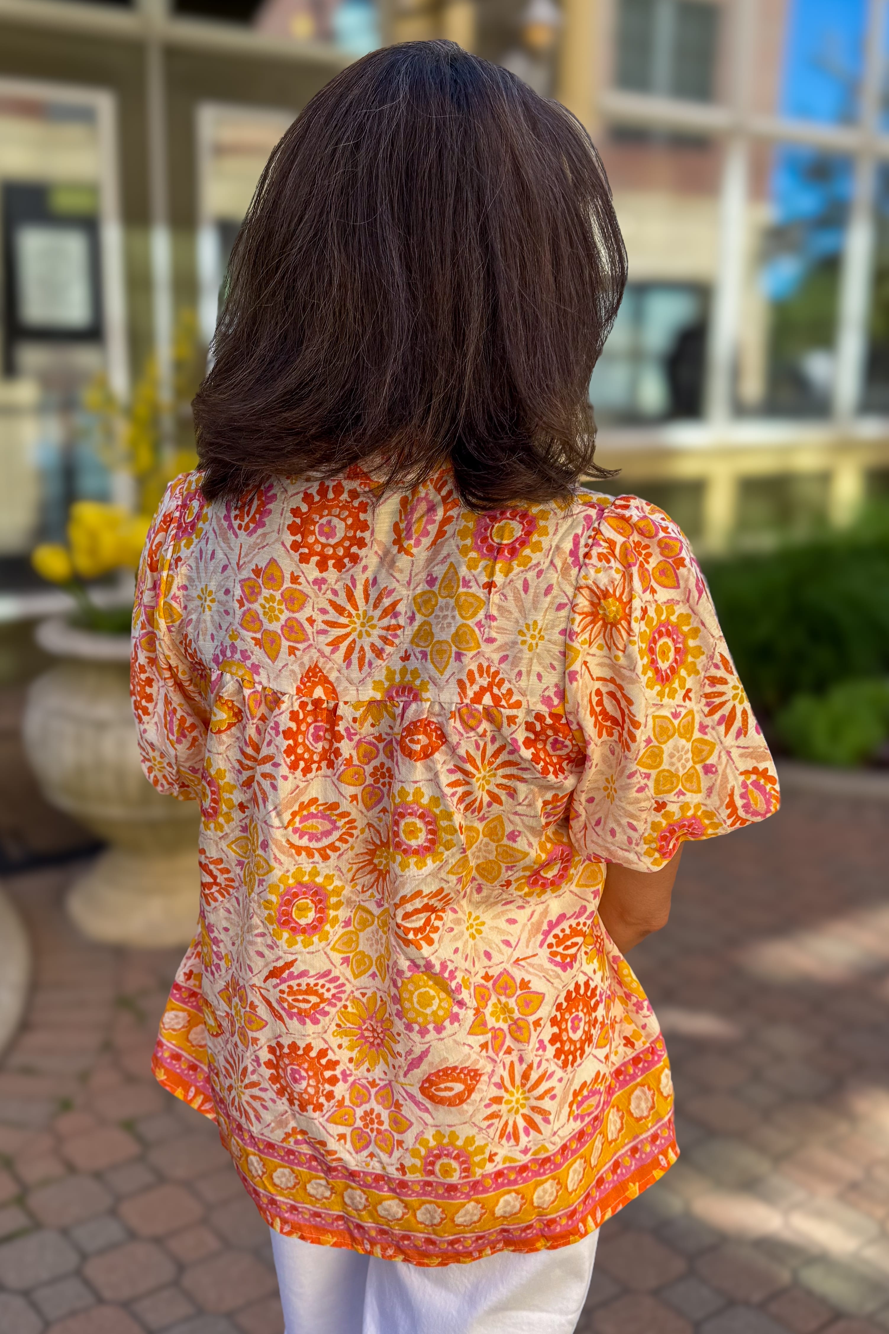 Apricot Multi Abstract Floral Puff Sleeve Blouse Back