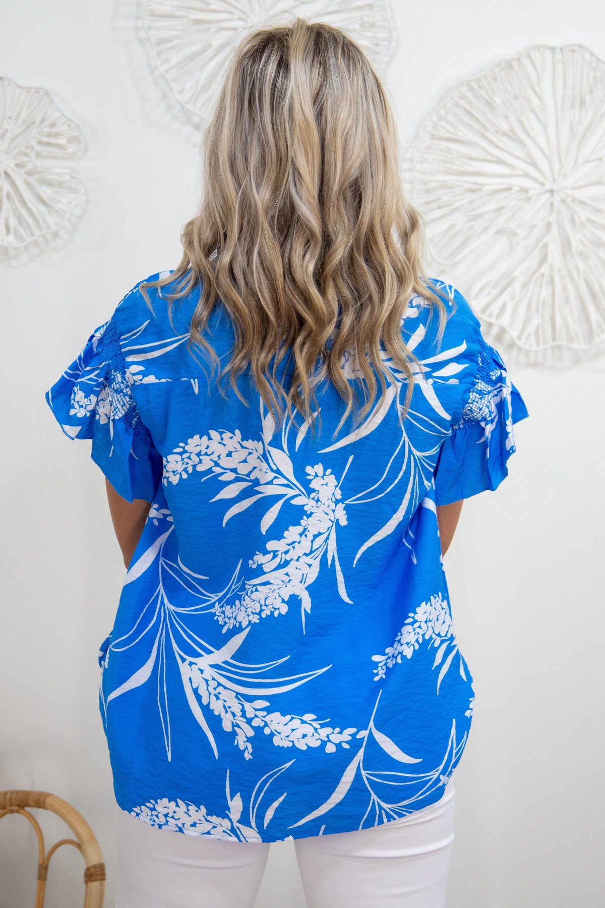 Bright Blue with Bellflowers Blouse back