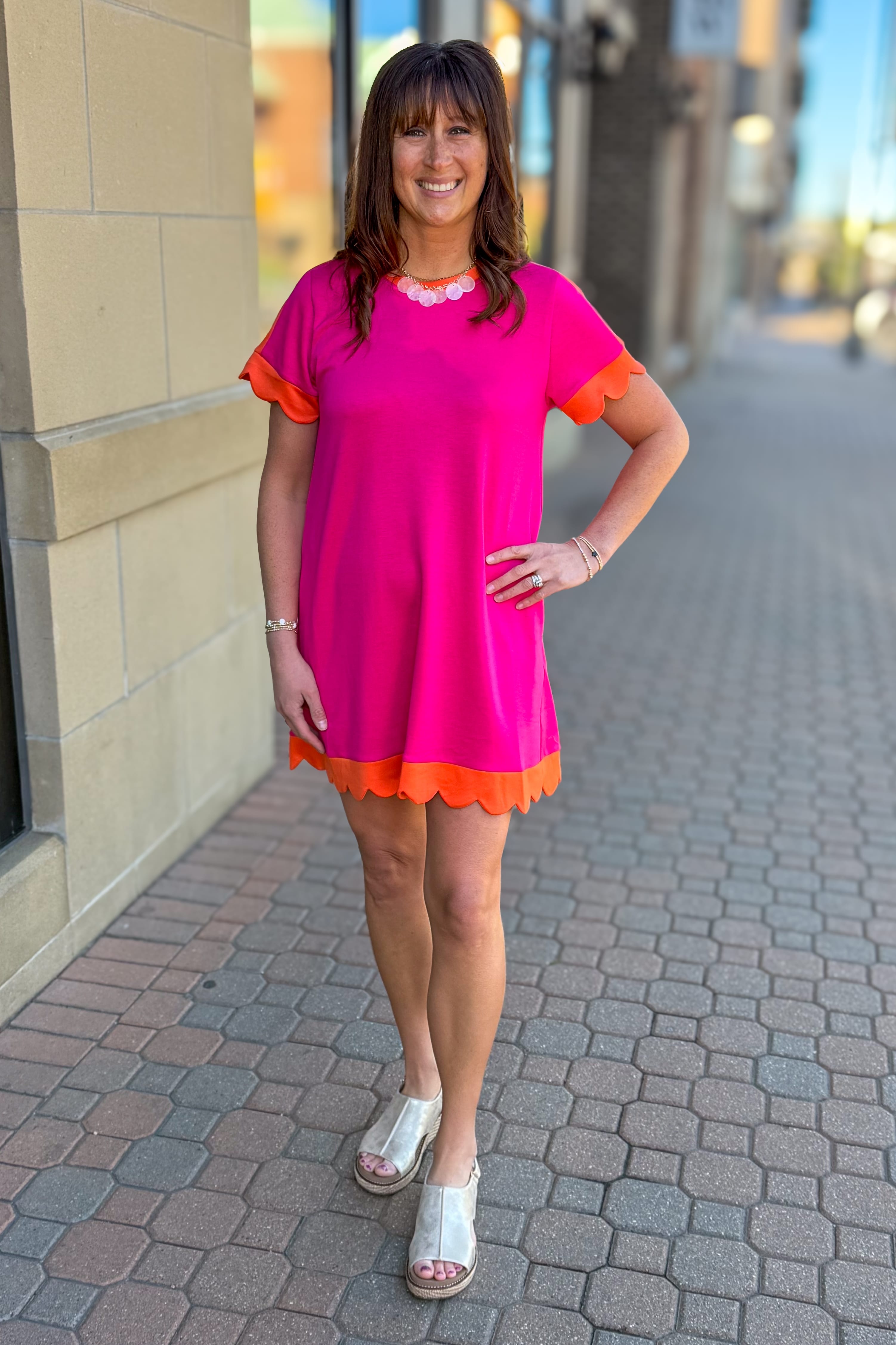 Fuchsia & Orange Contrast Scallop Hem Dress