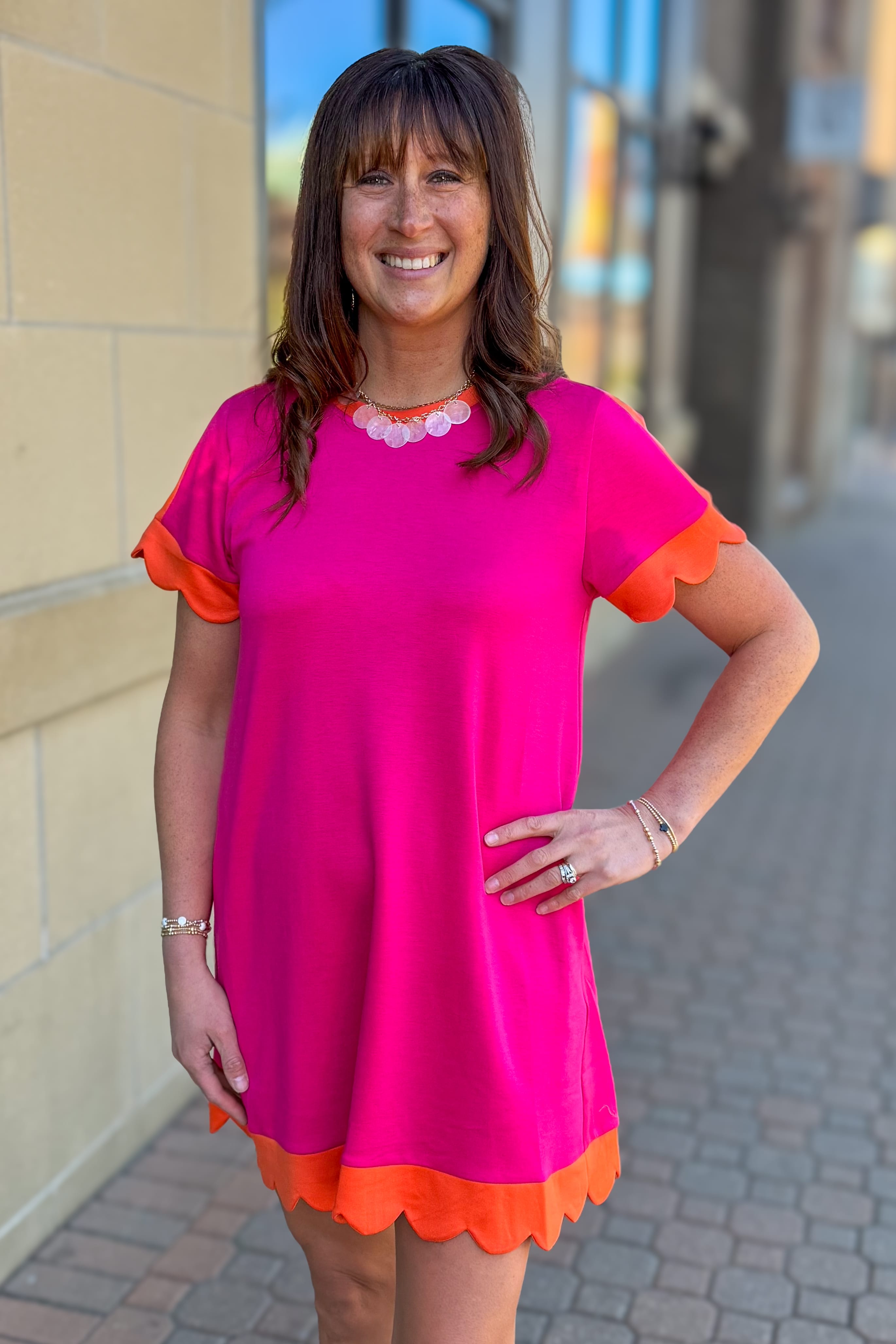 Fuchsia & Orange Contrast Scallop Hem Dress
