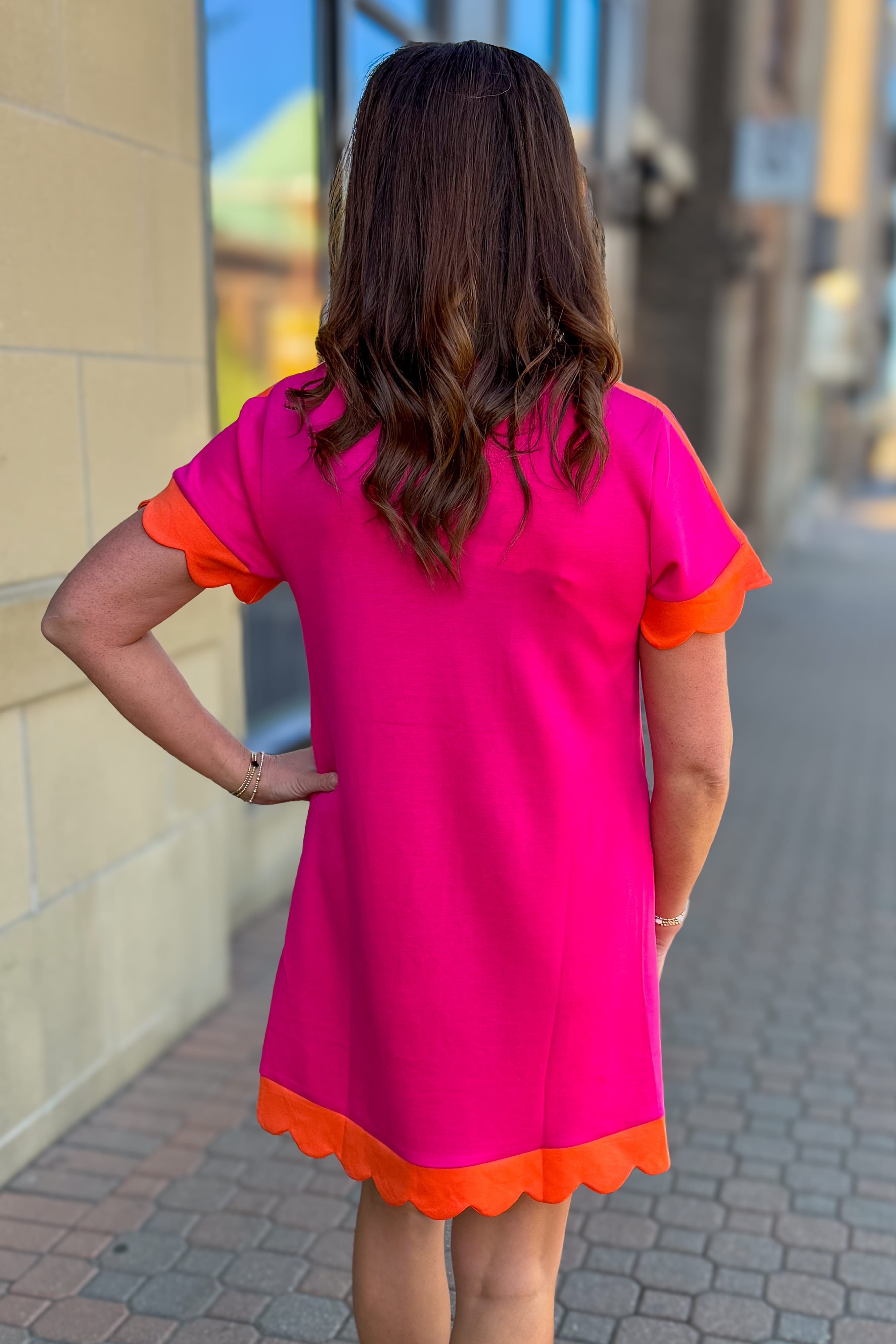 Fuchsia & Orange Contrast Scallop Hem Dress