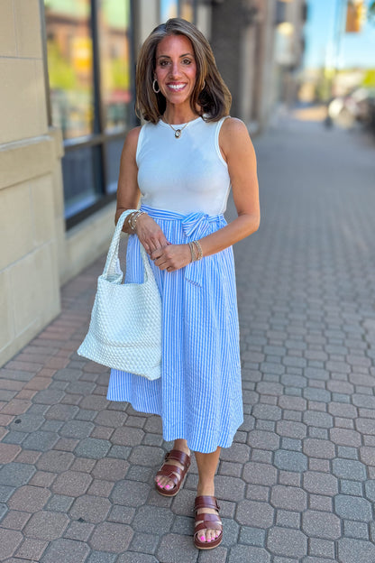Sky Blue Knit Combo Striped Midi Dress