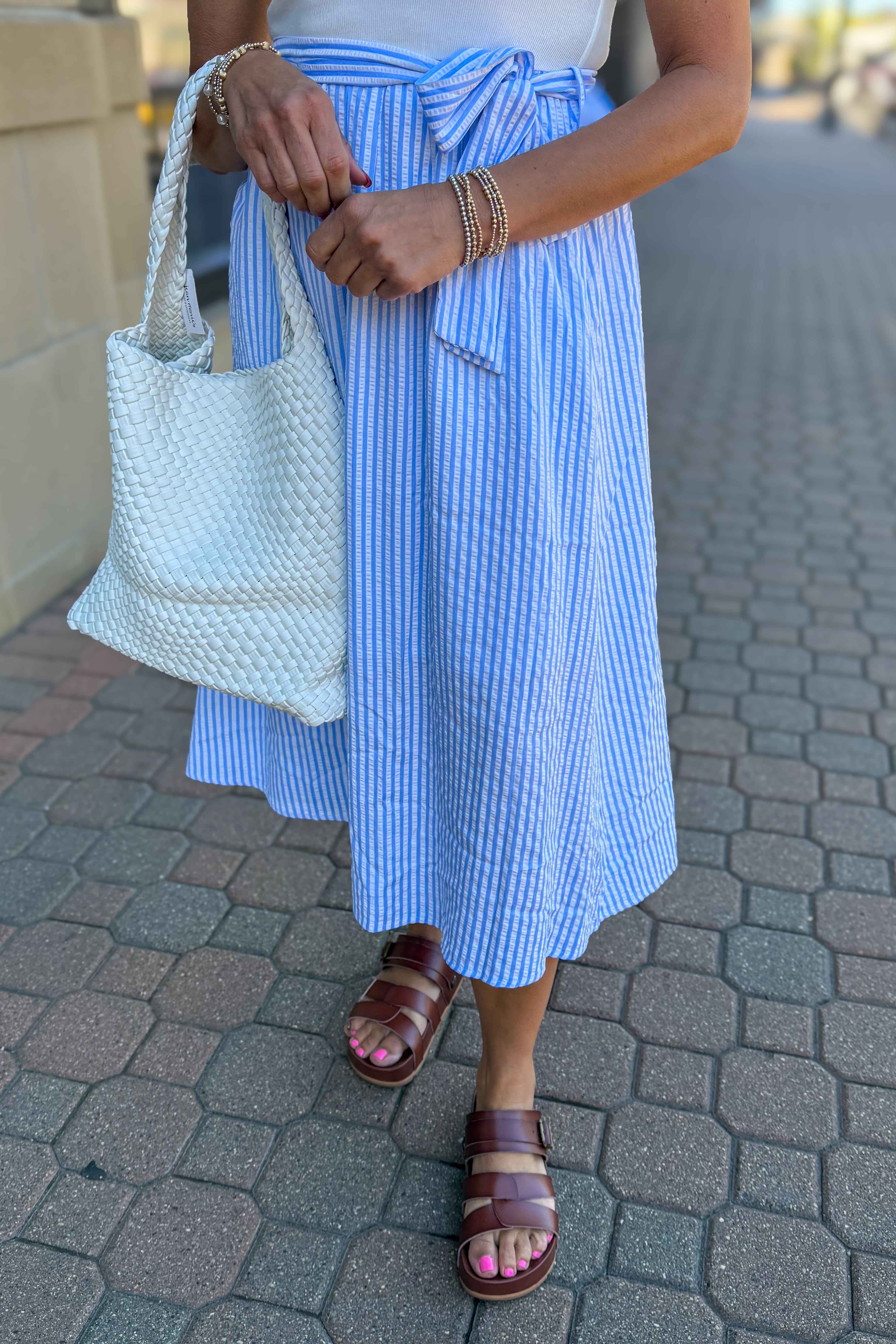 Sky Blue Knit Combo Striped Midi Dress Detailed