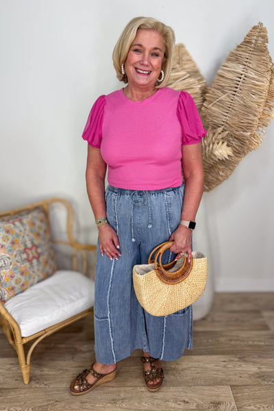 Fuchsia Puff Sleeve Knit Top styled