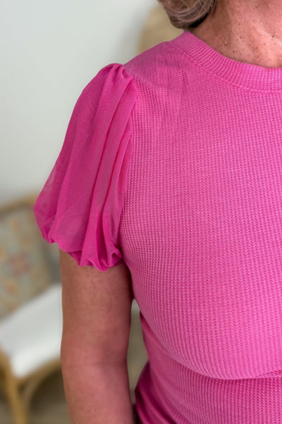 Fuchsia Puff Sleeve Knit Top detailed