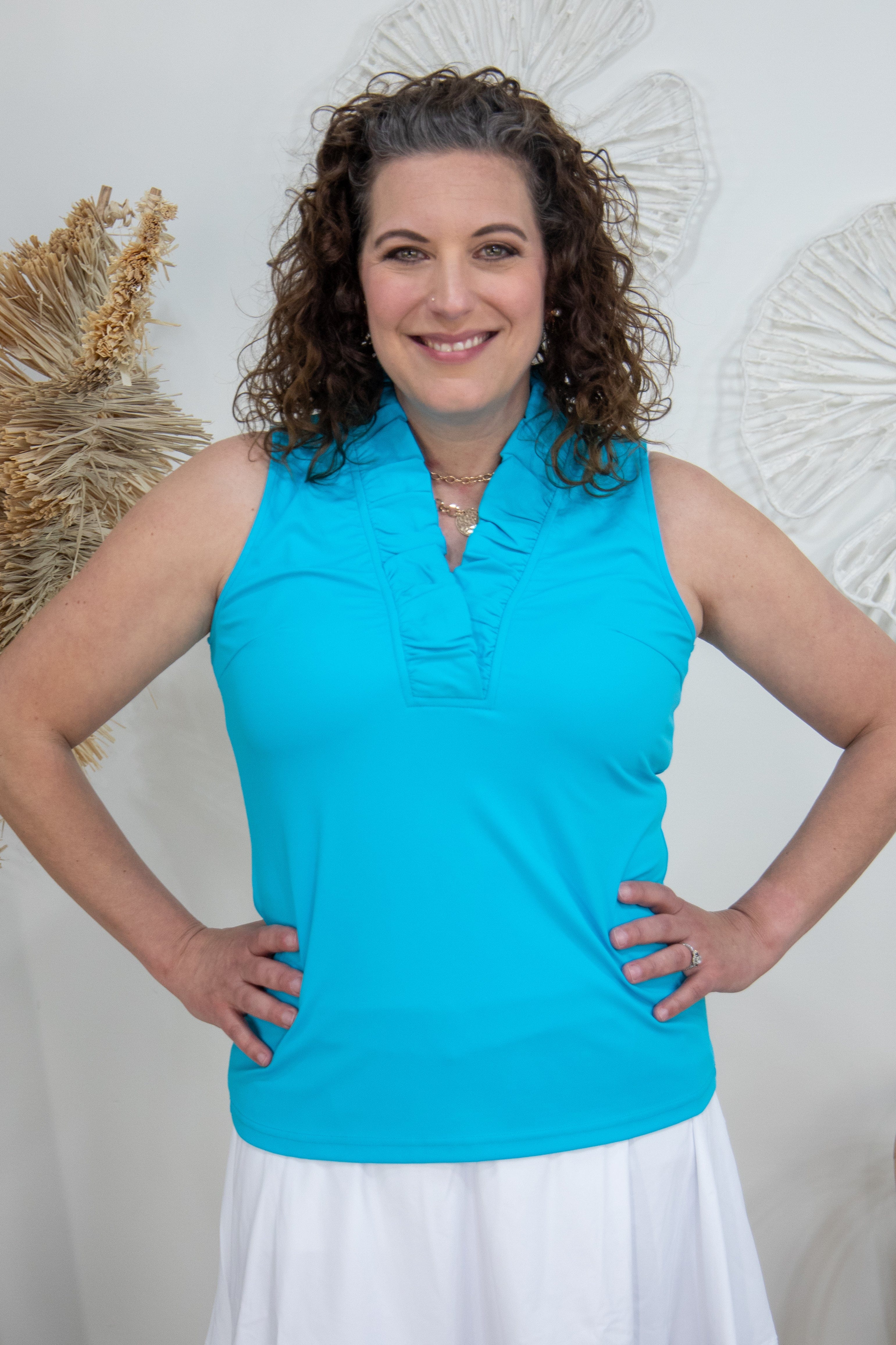 Turquoise Ruffle Neck Sleeveless Top