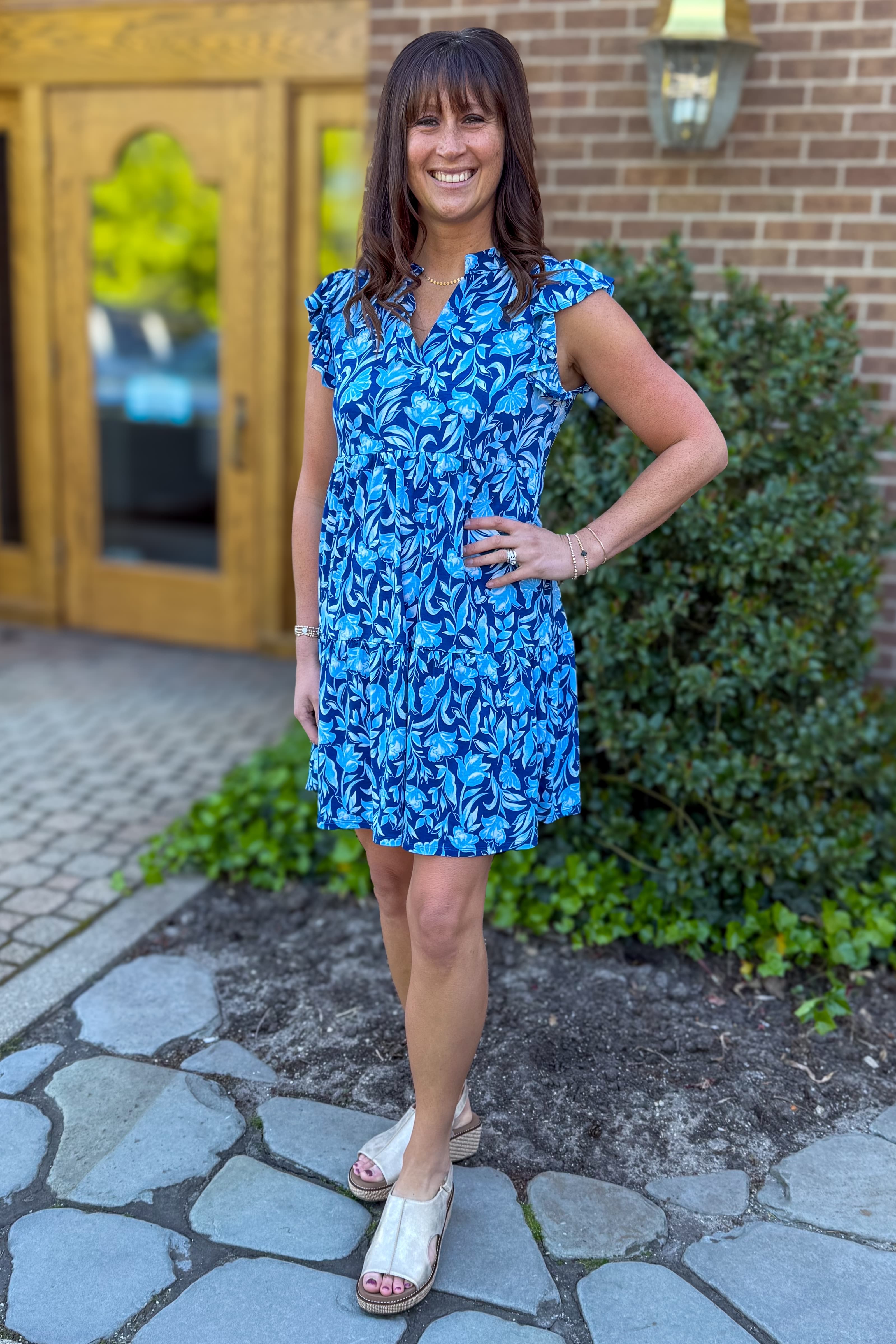 Navy Butterfly Ruffle Sleeve Tier Dress Styled