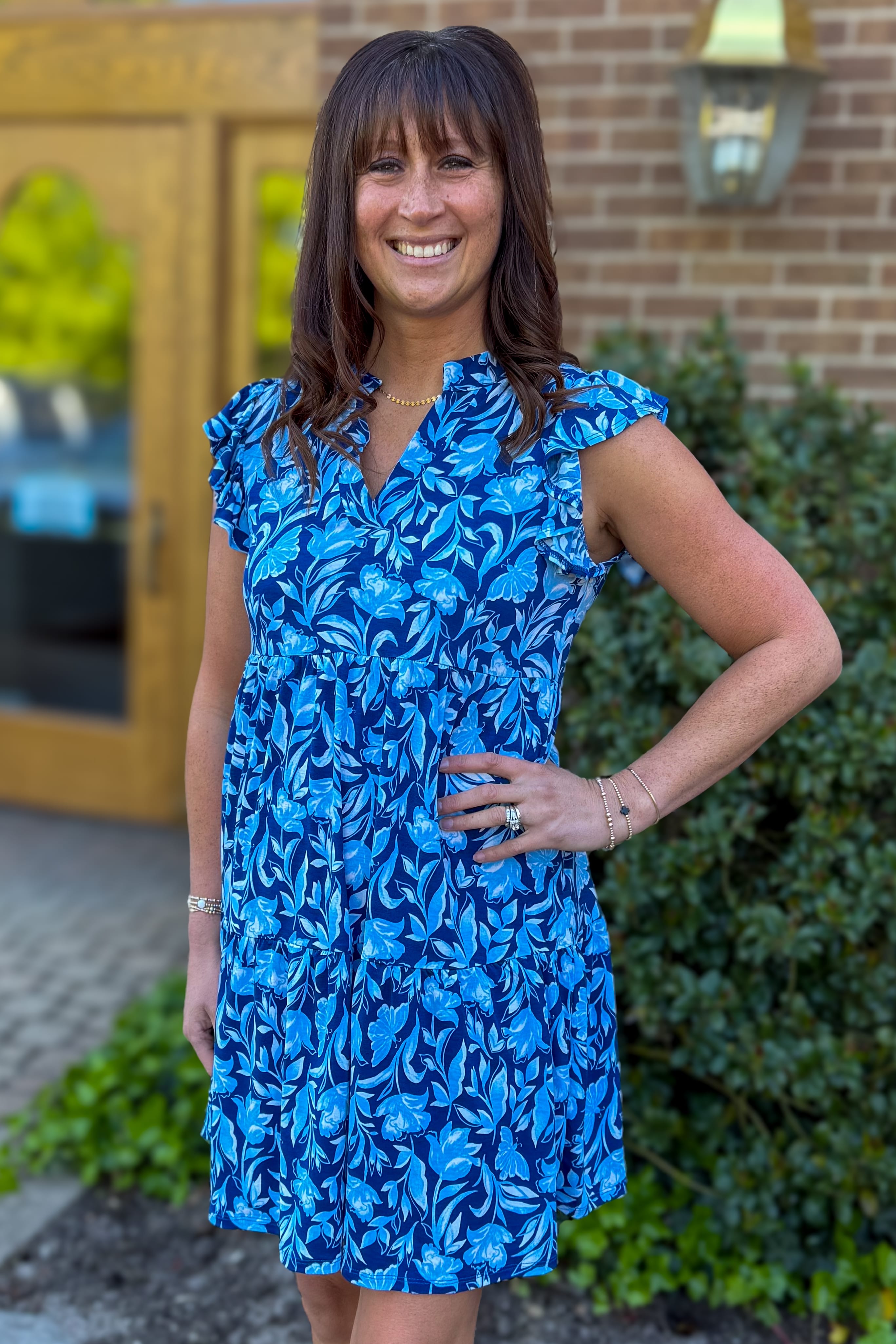 Navy Butterfly Ruffle Sleeve Tier Dress
