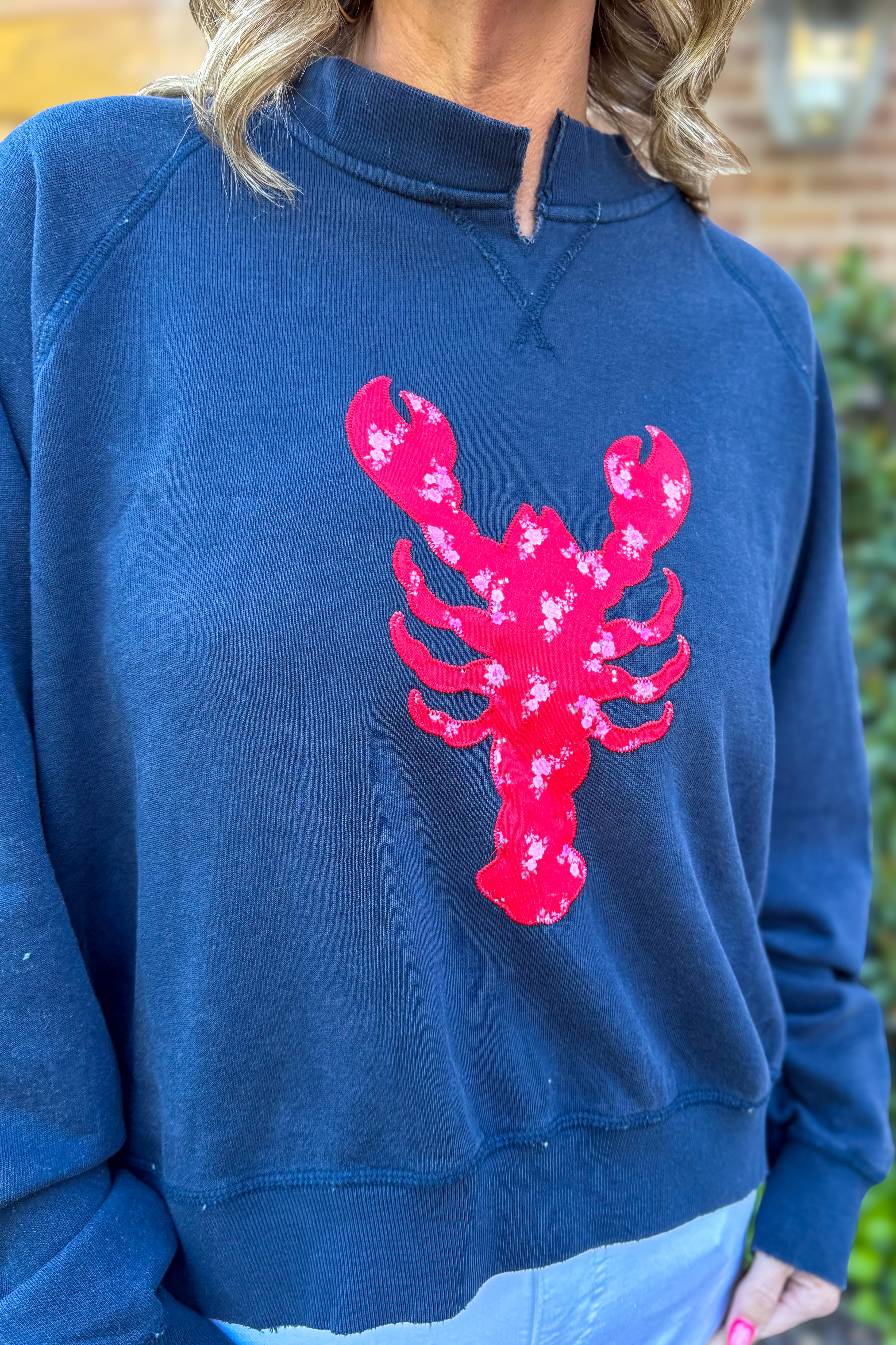 Navy Lobster Crew Sweatshirt Detailed