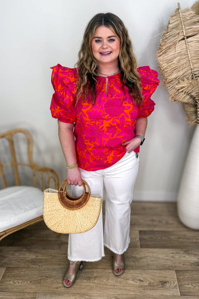 Fuchsia & Orange Ruffle Sleeve Top styled