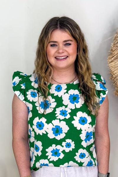 Green Floral Ruffle Sleeve Blouse
