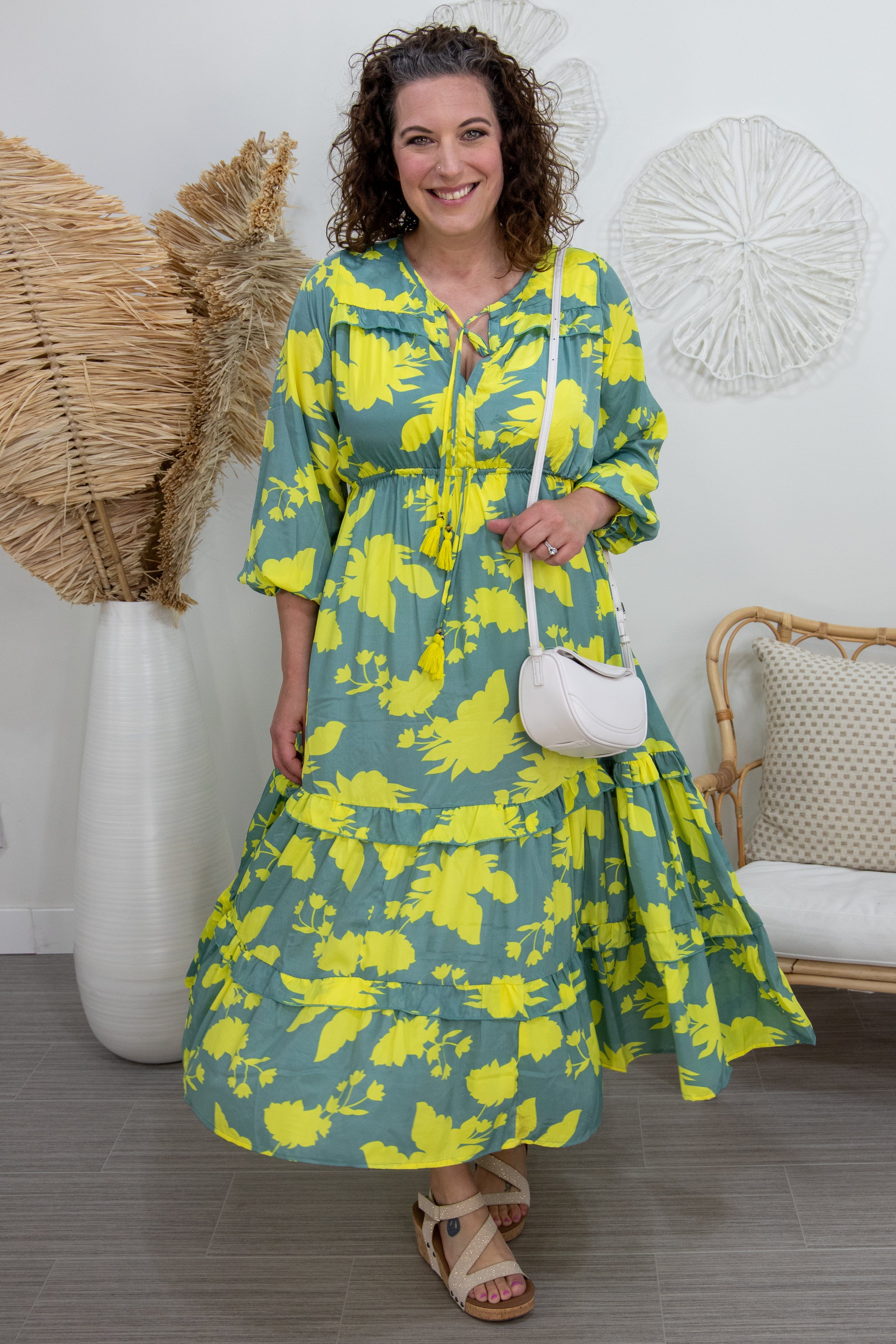 Grey & Bright Yellow Floral Tiered Maxi