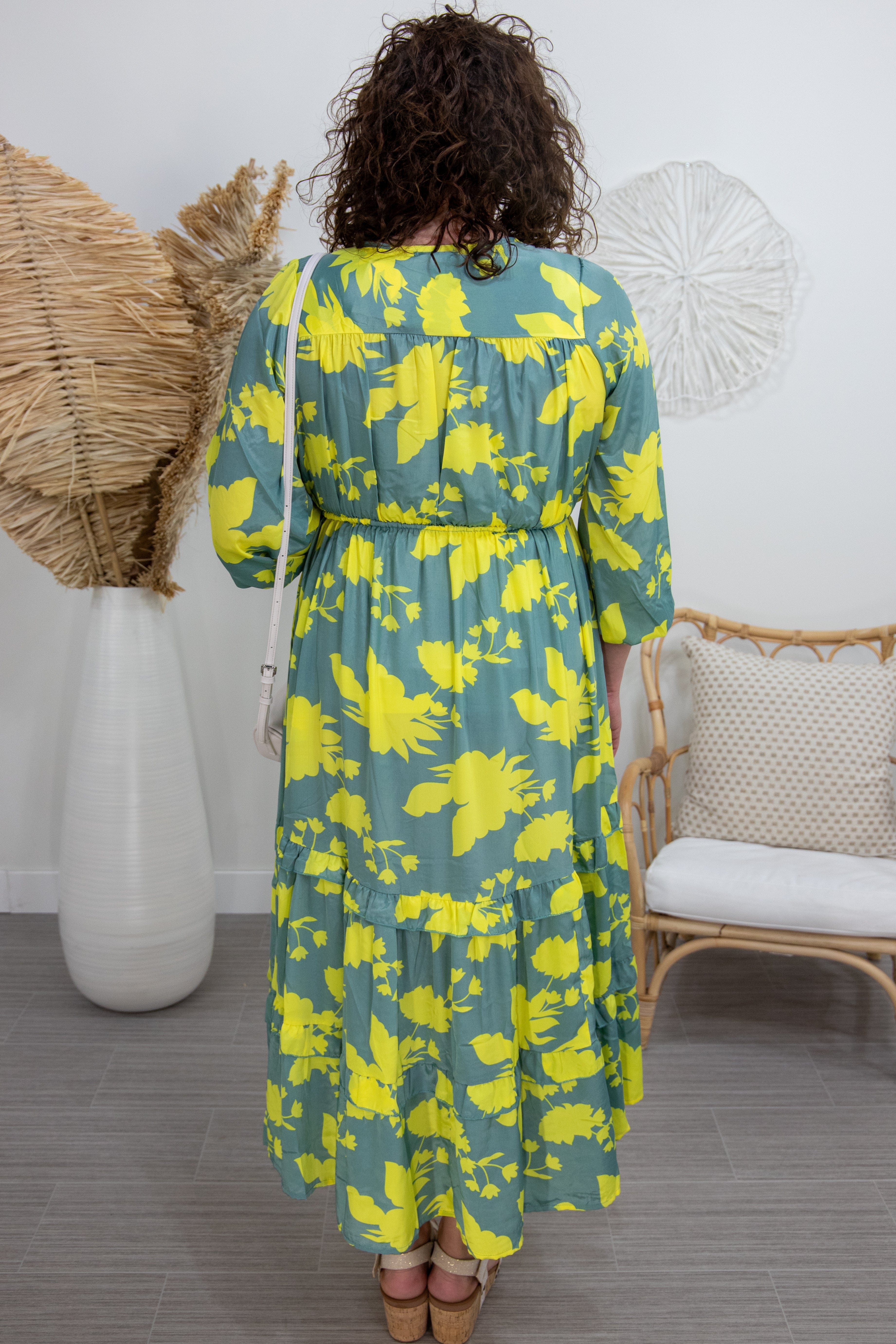 Grey & Bright Yellow Floral Tiered Maxi back