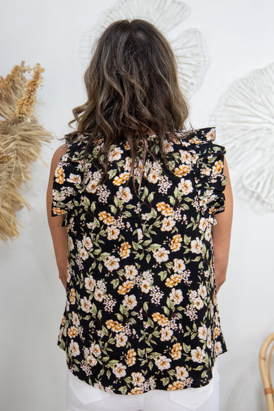 Black Floral Ruffle Tank back