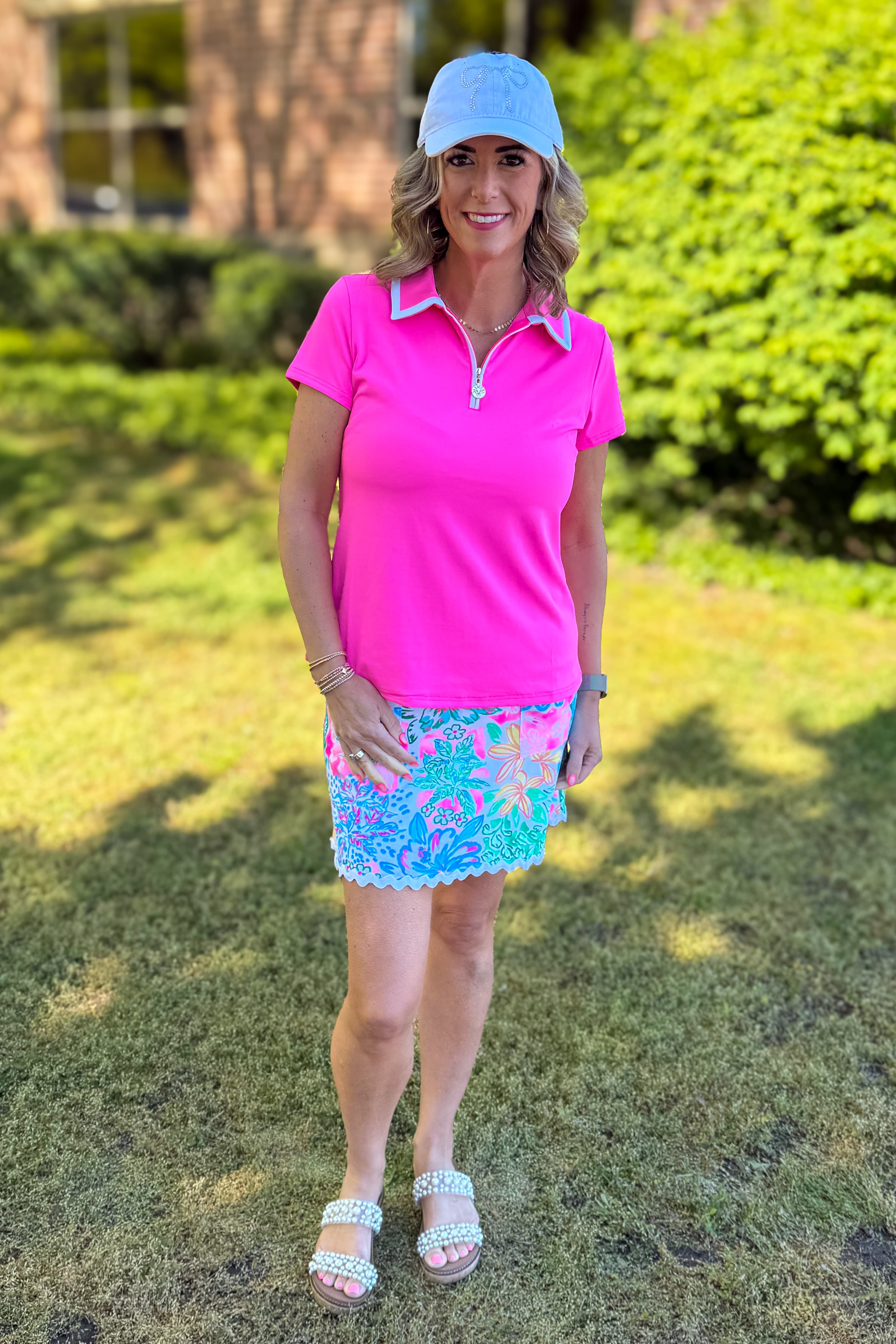 Bubble Gum Pink with White Trim Amaia Front Zip Polo Top Styled