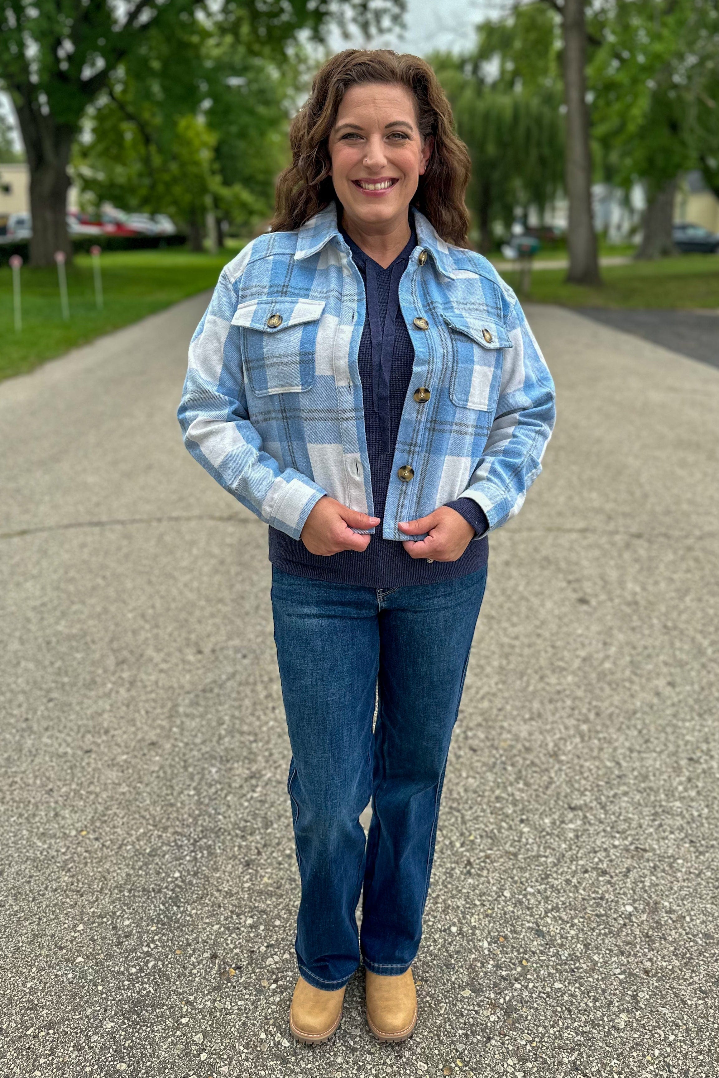 Sky Blue Plaid Cropped Shacket styled
