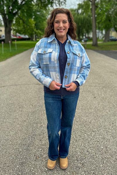 Sky Blue Plaid Cropped Shacket styled