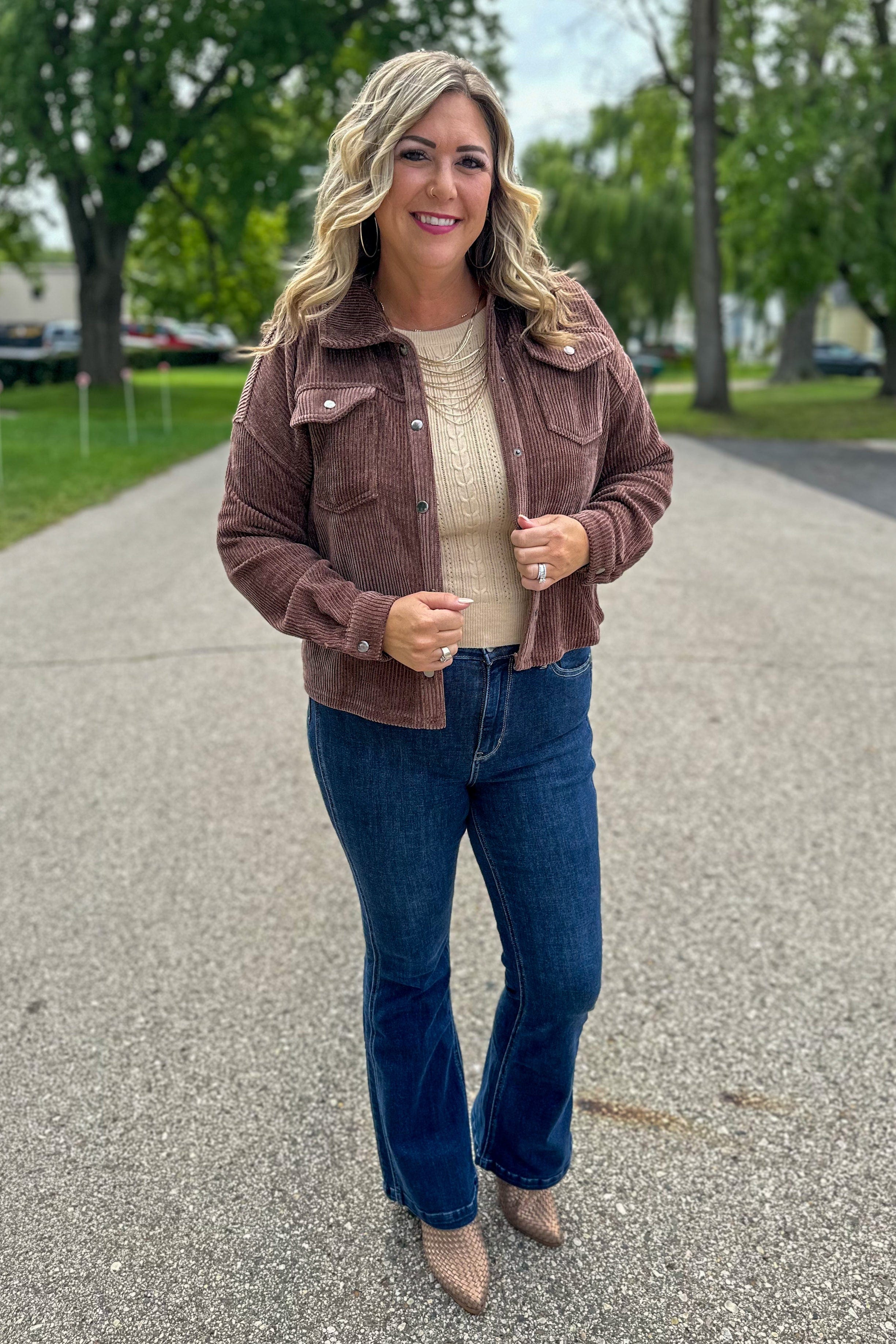Chocolate Corduroy Cropped Jacket styled