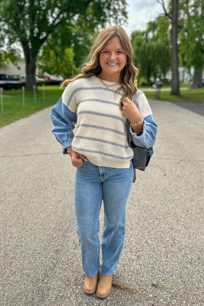 Ivory & Grey Striped Sweater styled