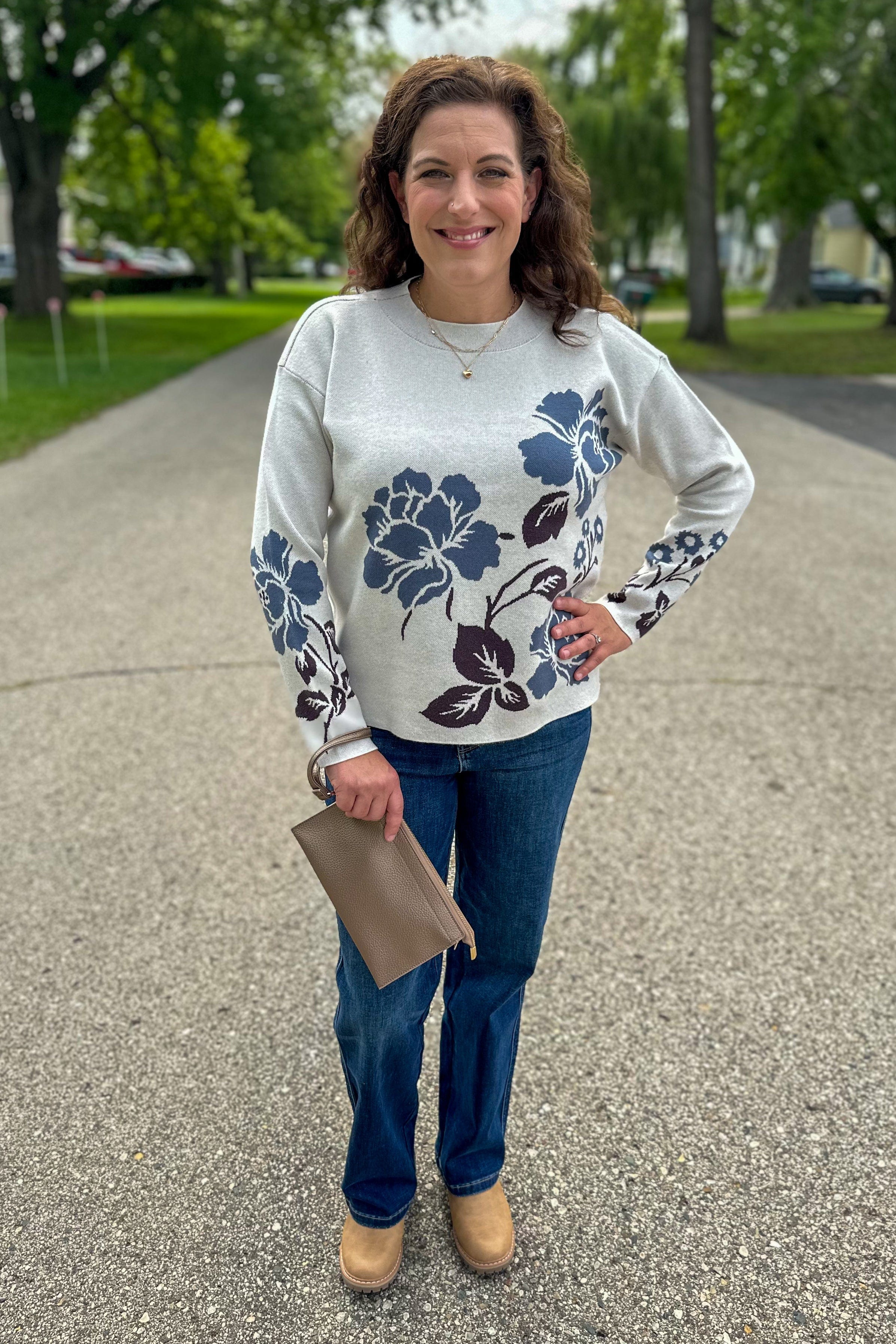 Ivory & Blue Floral Sweater styled