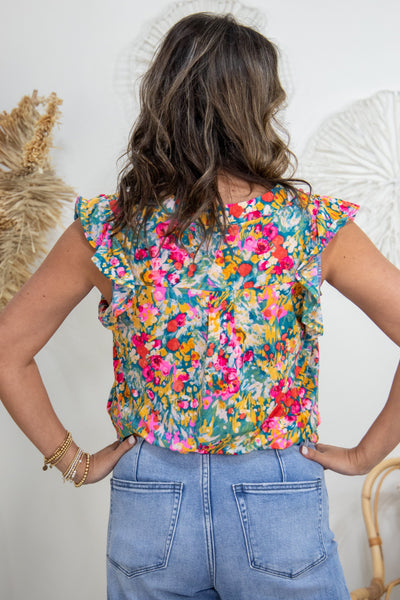 Teal Watercolor Floral Cap Ruffle Sleeve Top back