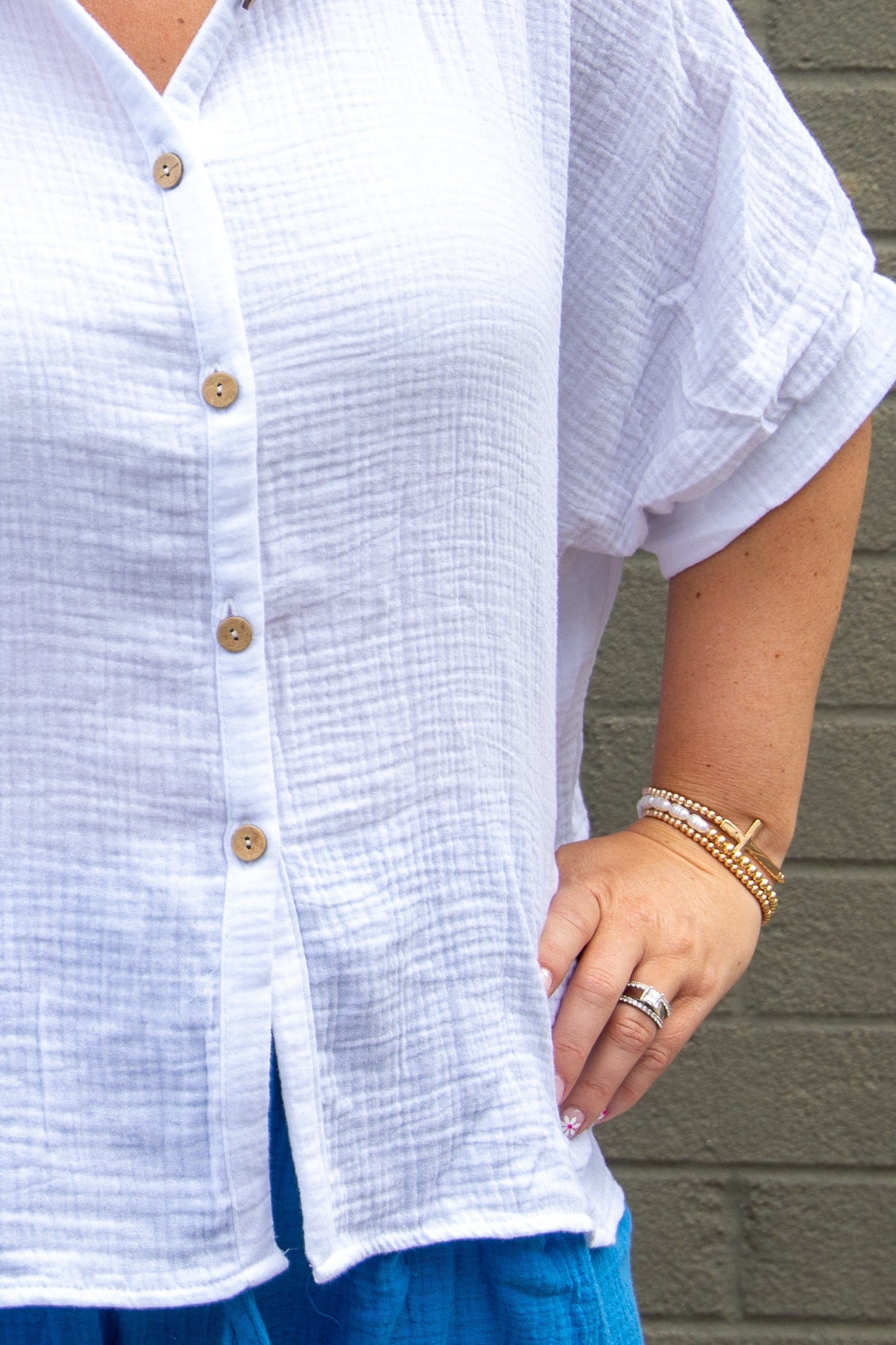 White Gauze Button Up Top 3/4 Sleeve fabric up close