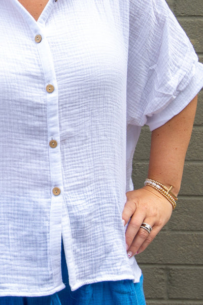 White Gauze Button Up Top 3/4 Sleeve fabric up close