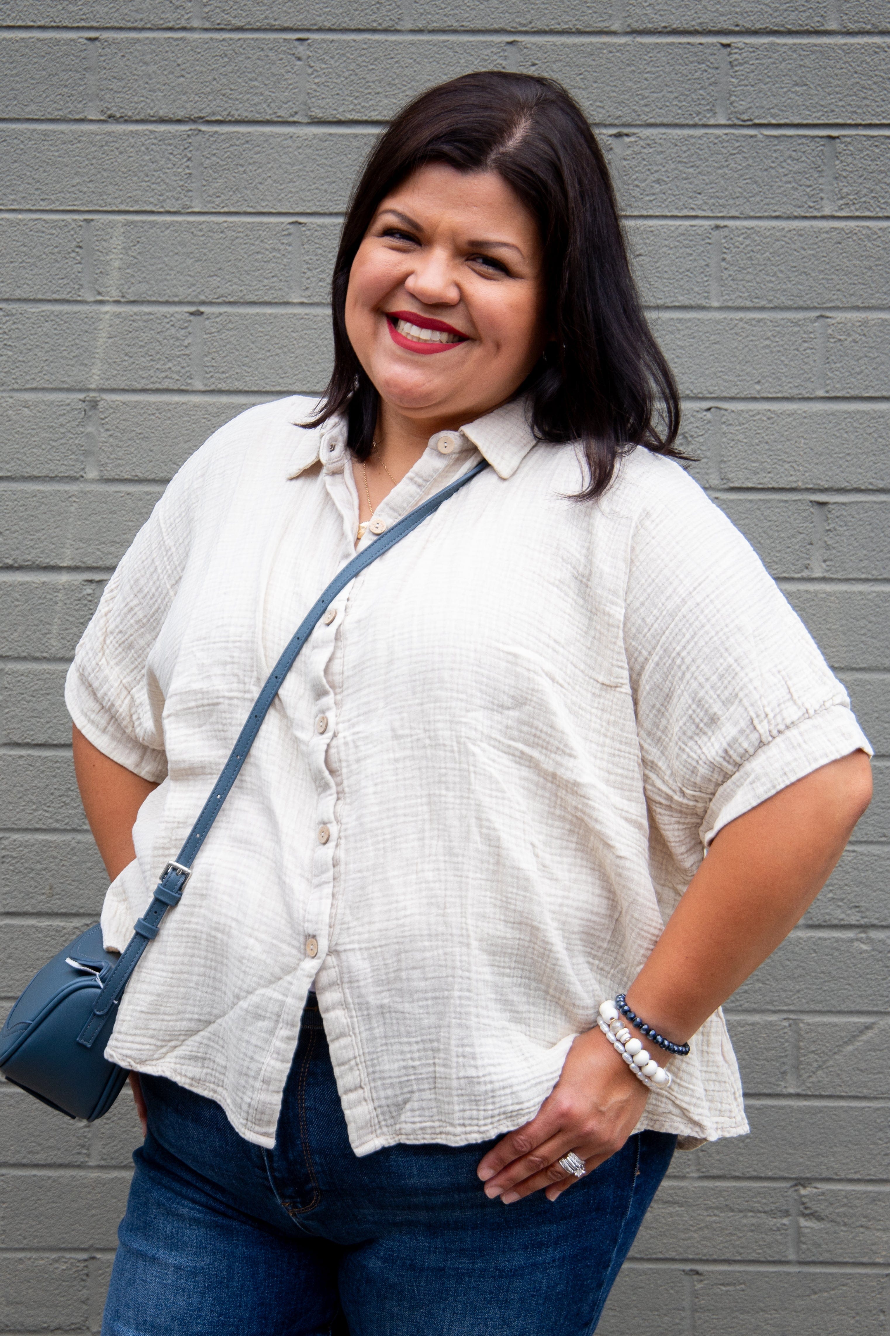 Sand Beige Gauze Button Down Top