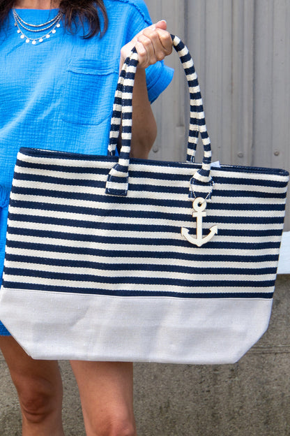 Stripe Natural Tote Bag navy