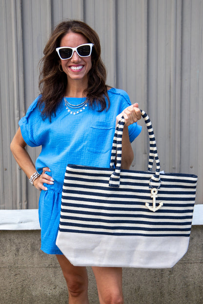 Stripe Natural Tote Bag navy styled