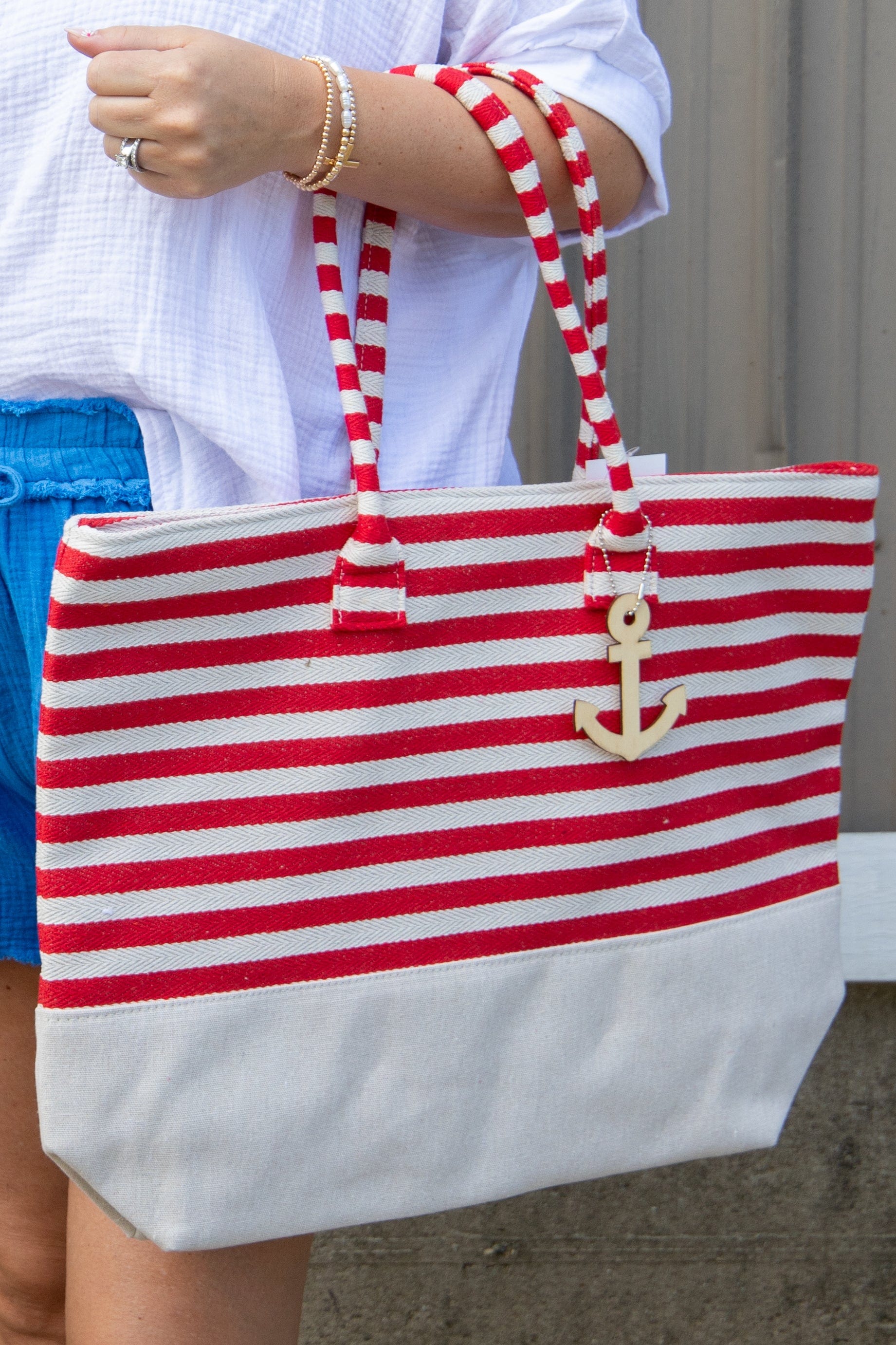 Stripe Natural Tote Bag red