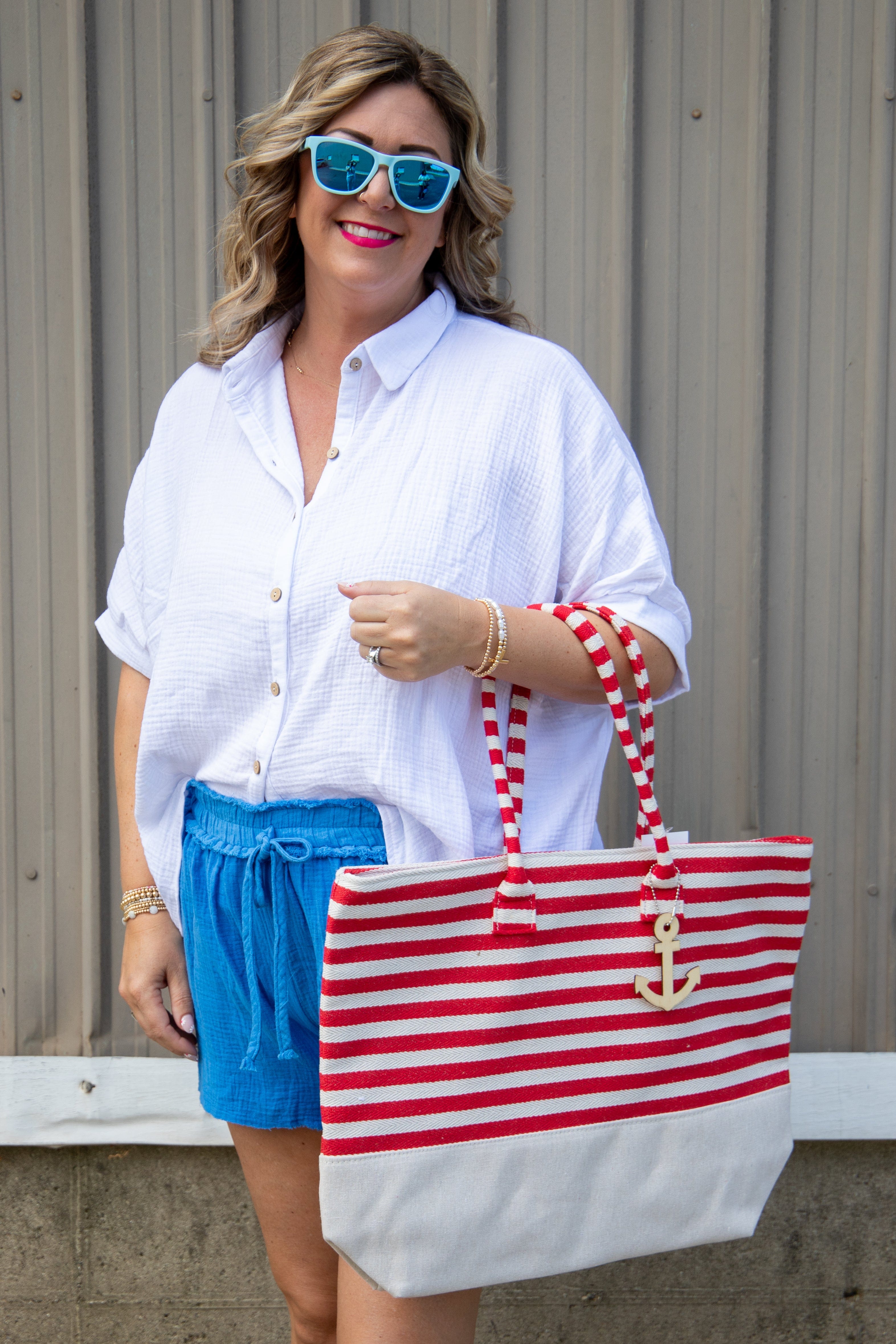 Stripe Natural Tote Bag red styled