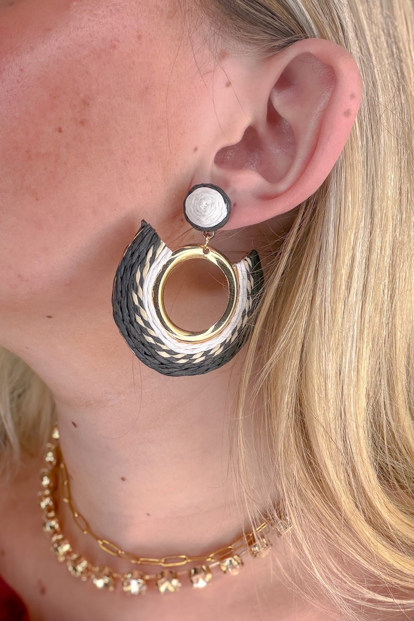 Gold Black & White Rafia Circle Earring Styled