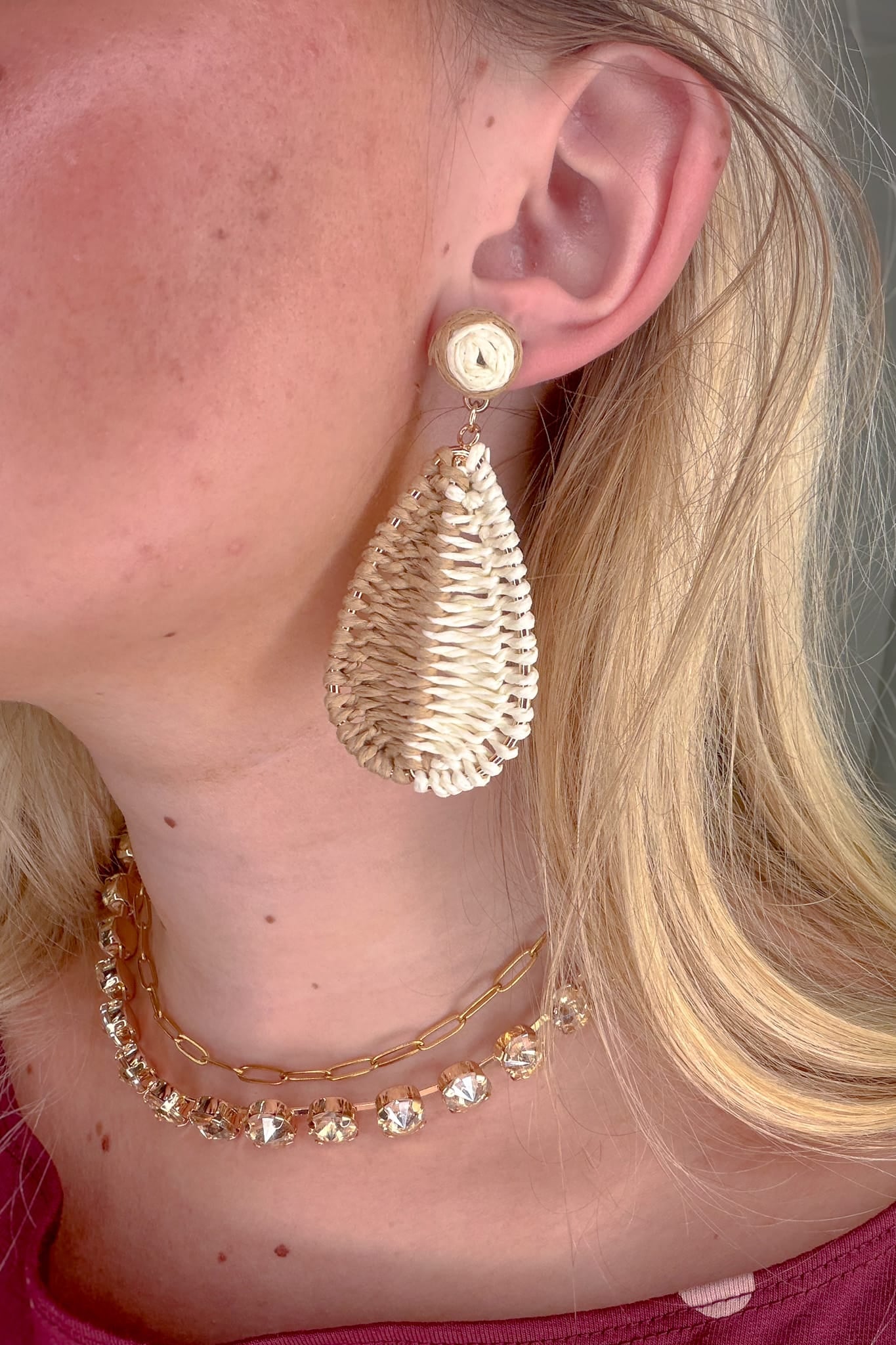 Beige & Cream Rafia Teardrop Earring Styled