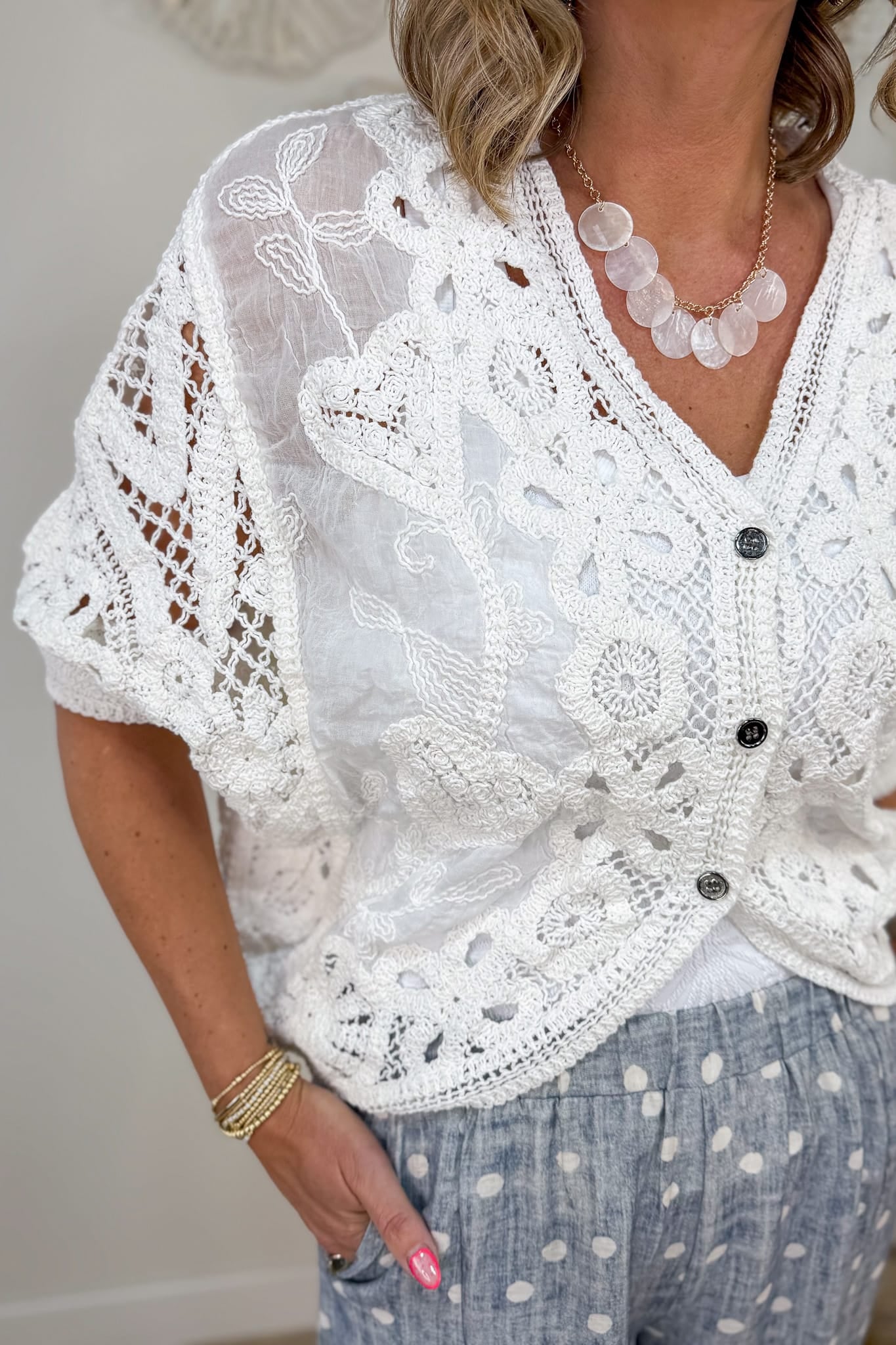 Off White Crochet Cardigan Detailed