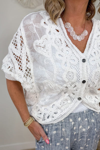 Off White Crochet Cardigan Detailed