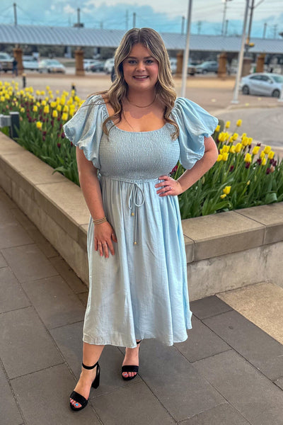 Blue Smocked Off Shoulder Puff Sleeve Dress