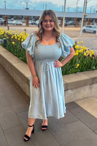 Blue Smocked Off Shoulder Puff Sleeve Dress
