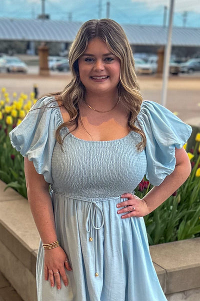 Blue Smocked Off Shoulder Puff Sleeve Dress