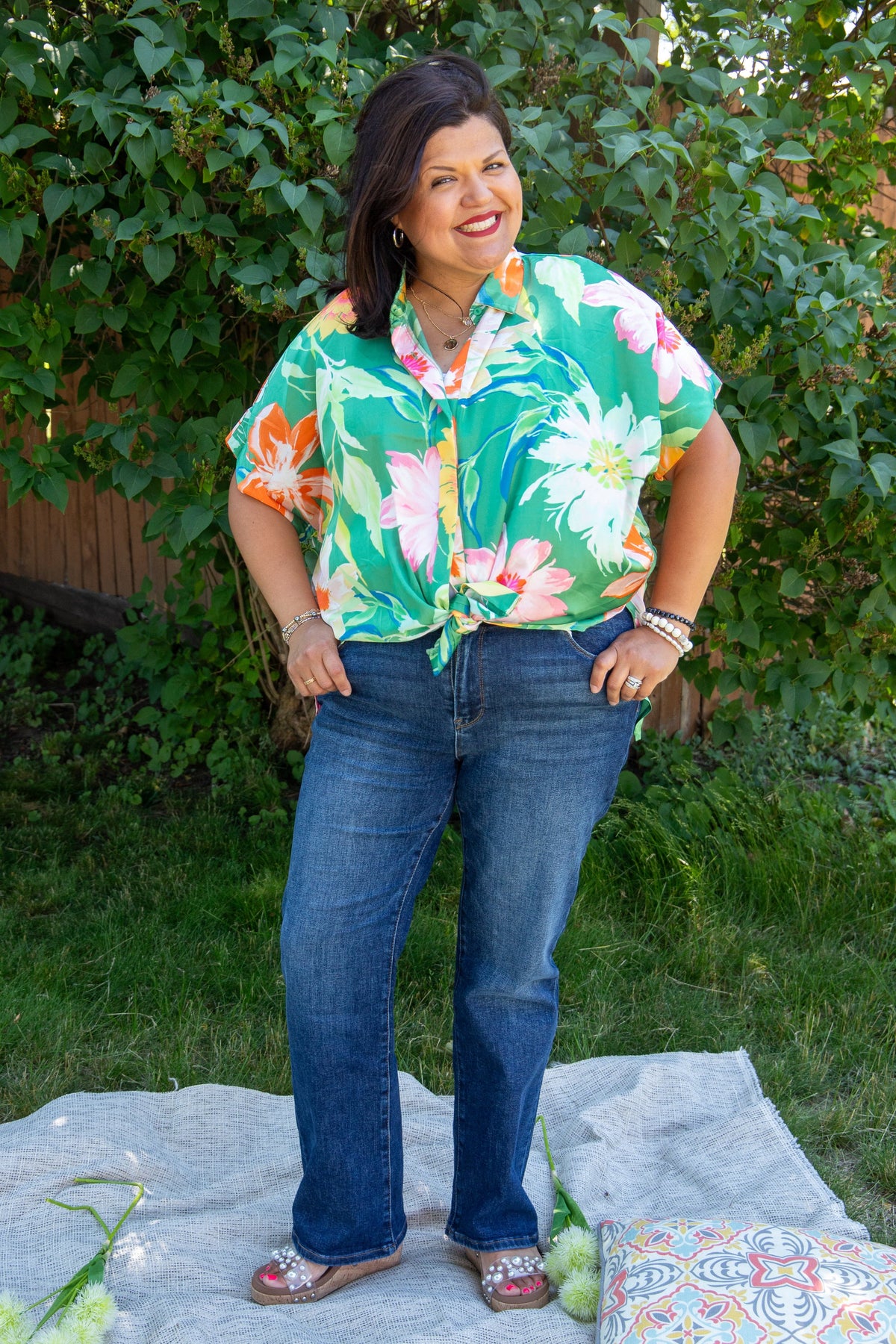 Sage Floral Sheen Blouse styled